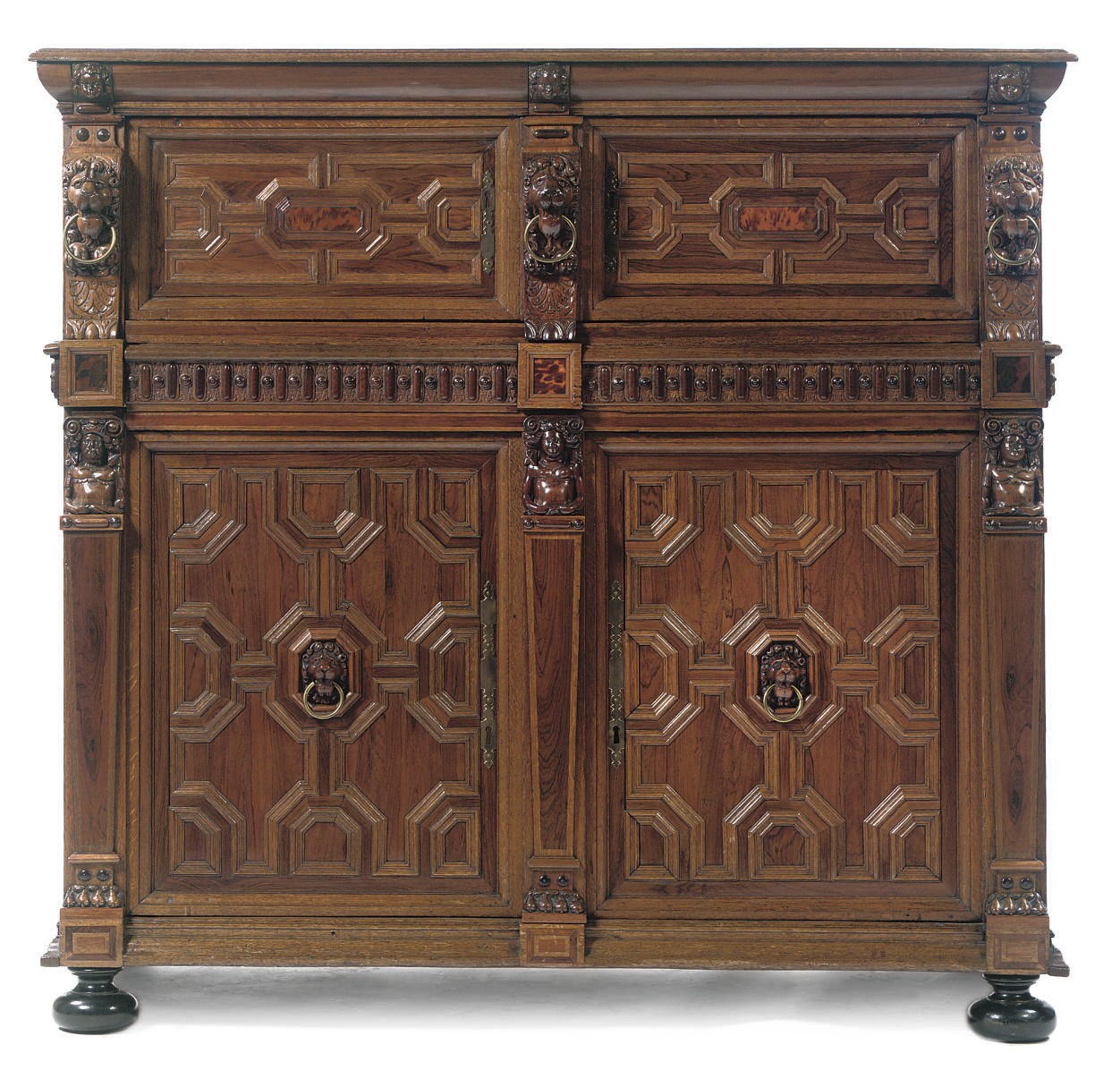 A FLEMISH OAK, ROSEWOOD, MAHOGANY AND TORTOISESHELL CUPBOARD