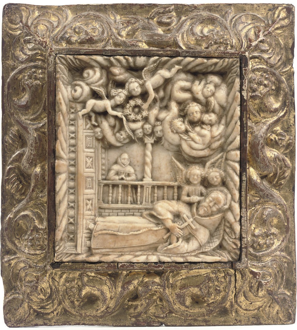 A CARVED ALABASTER RELIEF OF THE ENTOMBEMENT OF A MONK