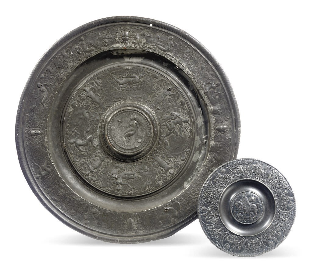 A GERMAN PEWTER RELIEF PLATE