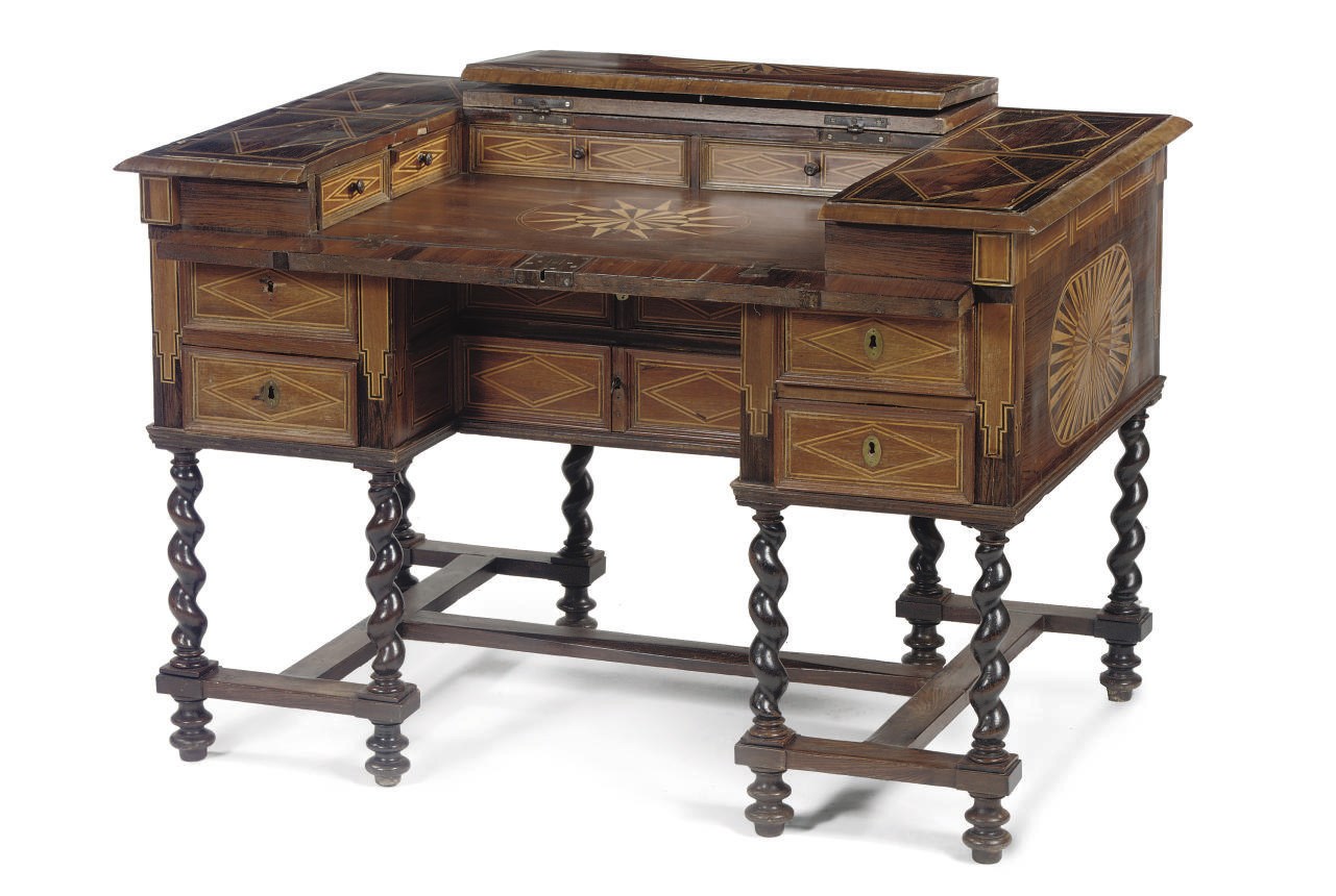 A SOUTH-EUROPEAN ROSEWOOD, WALNUT FRUITWOOD MARQUETRY BUREAU MAZARIN