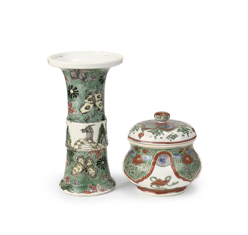 A Chinese famille verte beaker vase and a circular bowl and cover