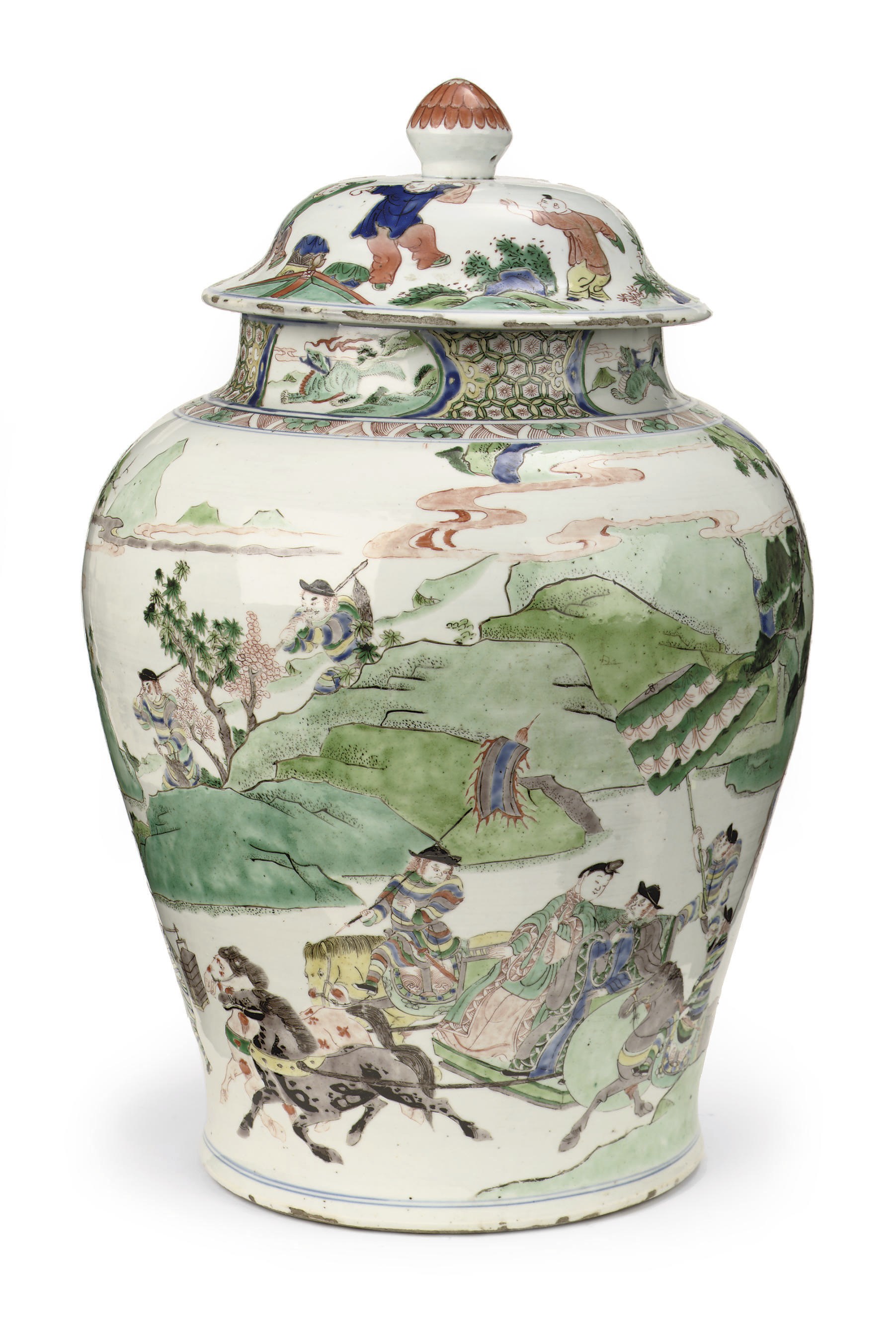A large Chinese famille verte baluster jar and a cover