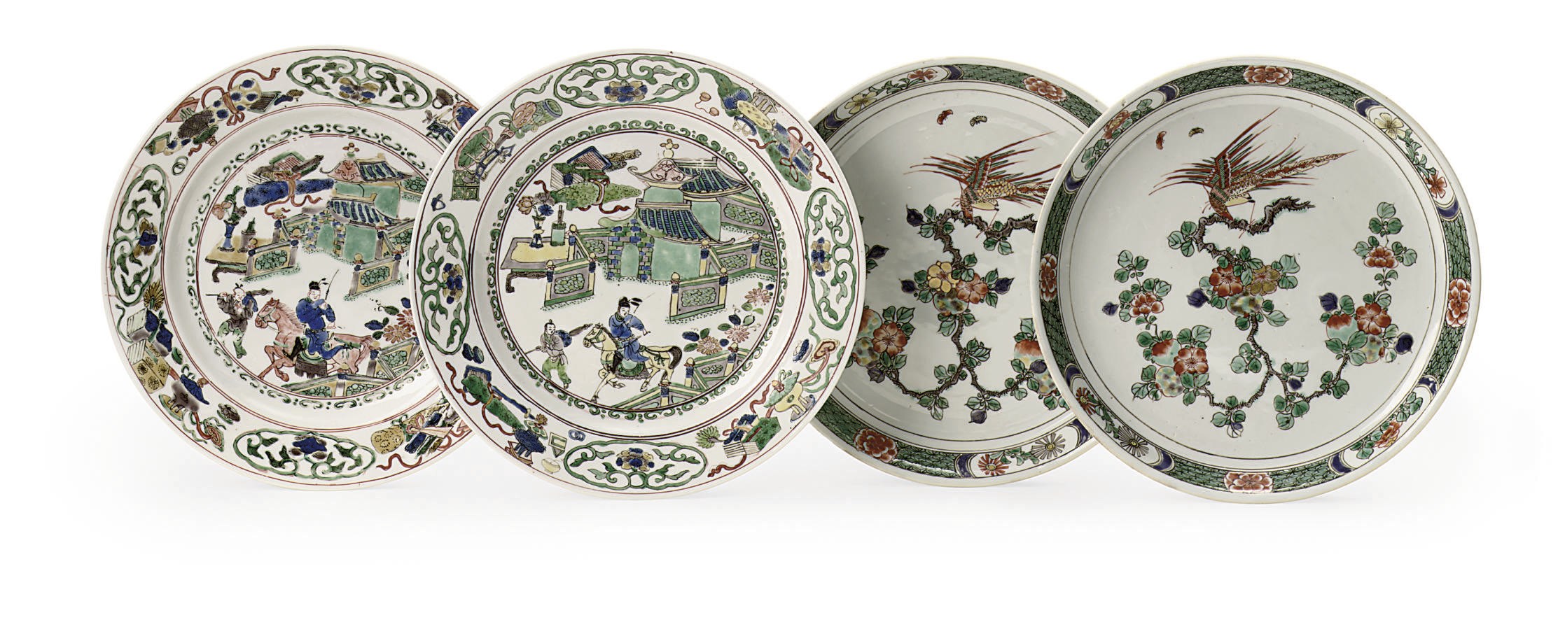 Two Chinese famille verte plates and a pair of saucer dishes
