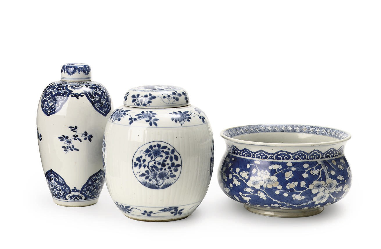 Two Chinese blue and white jars and covers and an incense burner