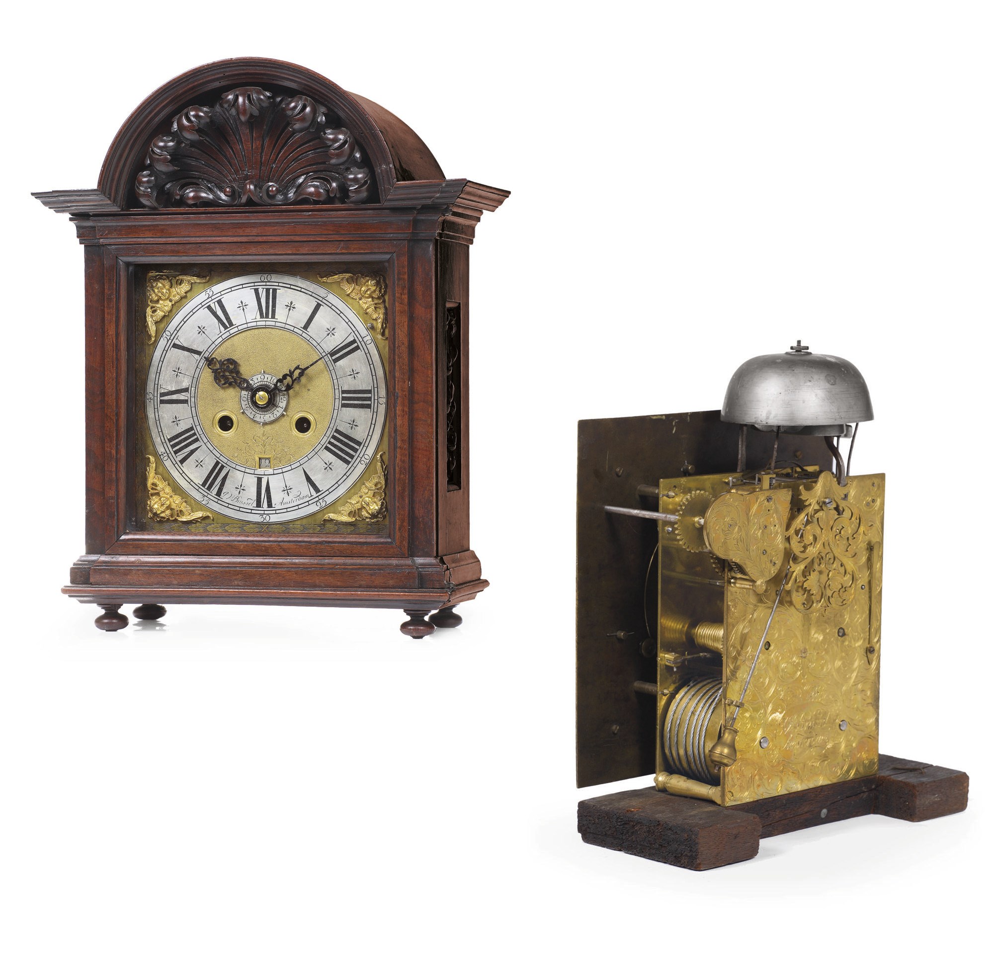 A DUTCH WALNUT STRIKING TABLE CLOCK WITH ALARM