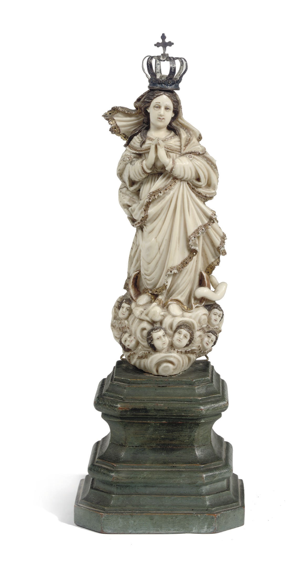A PARCEL-GILT CARVED IVORY FIGURE OF THE VIRGIN IMMACULATE