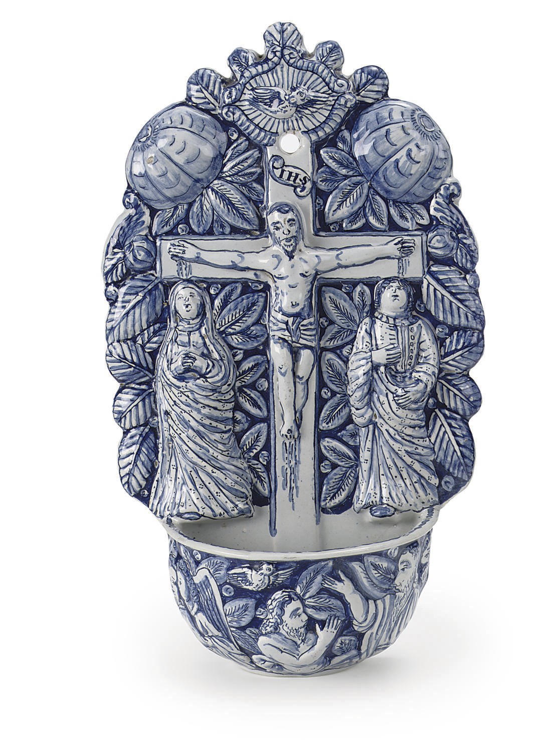 A Dutch Delft blue and white holy water stoup, wijwaterbakje