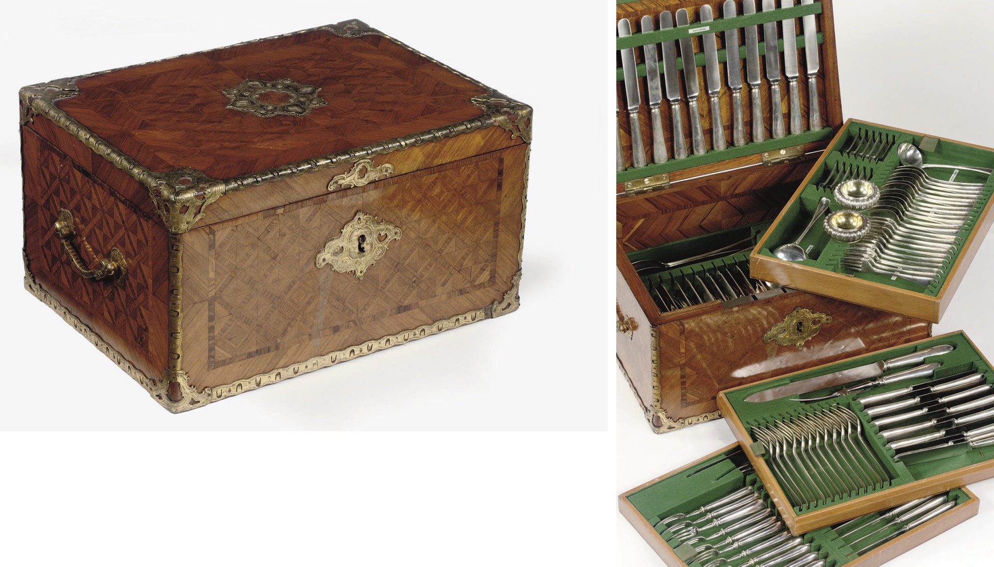A LOUIS XIV ORMOLU-MOUNTED TULIPWOOD AND ROSEWOOD PARQUETRY AND MARQUETRY CASKET containing an english silver flatware service