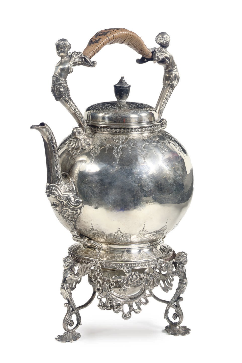 An English silver hot-waterkettle on stand with lamp