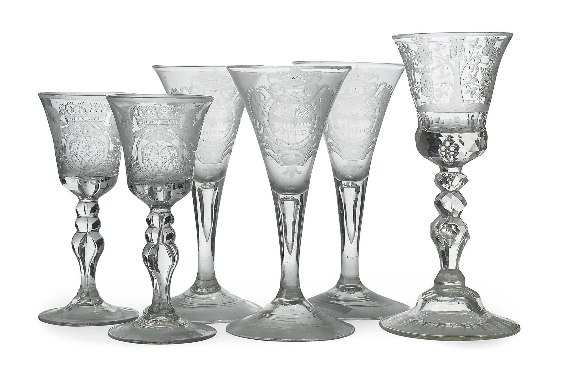 An assorted lot of six Dutch-engraved glass goblets