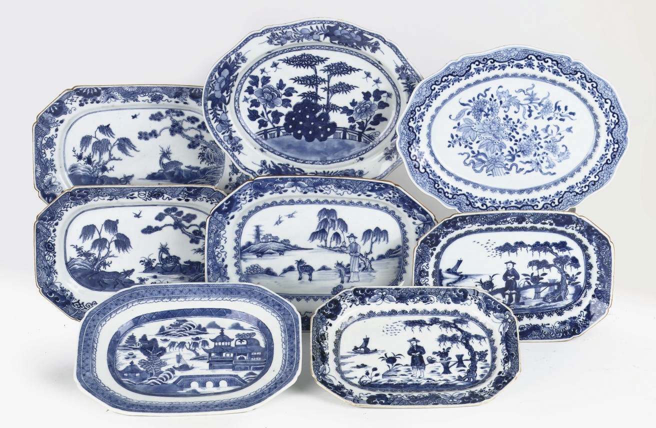 A group of eight Chinese blue and white oblong serving dishes