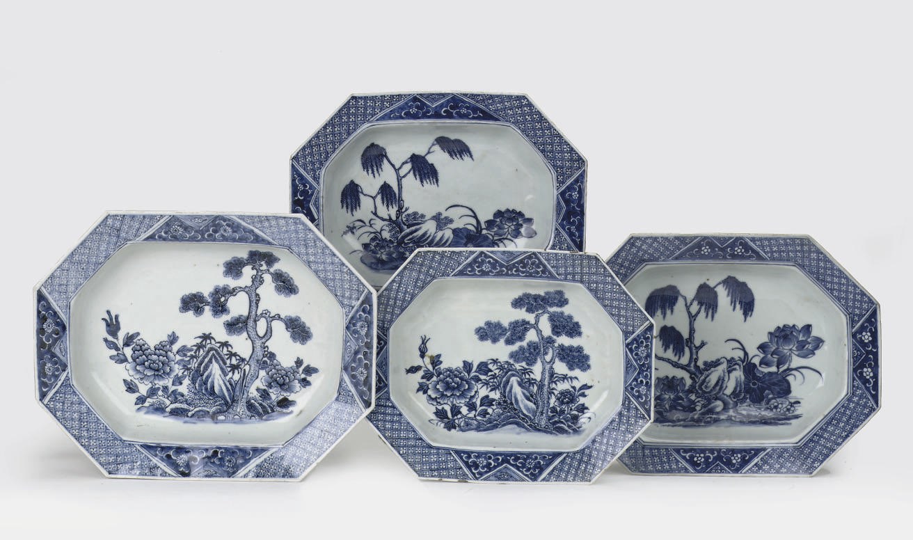 A group of four Chinese blue and white deep serving dishes