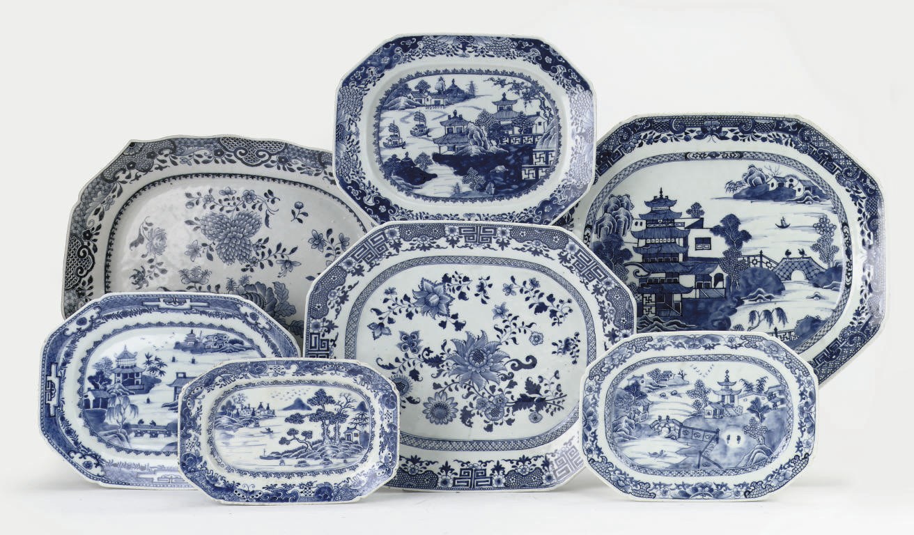 A group of seven Chinese blue and white serving dishes