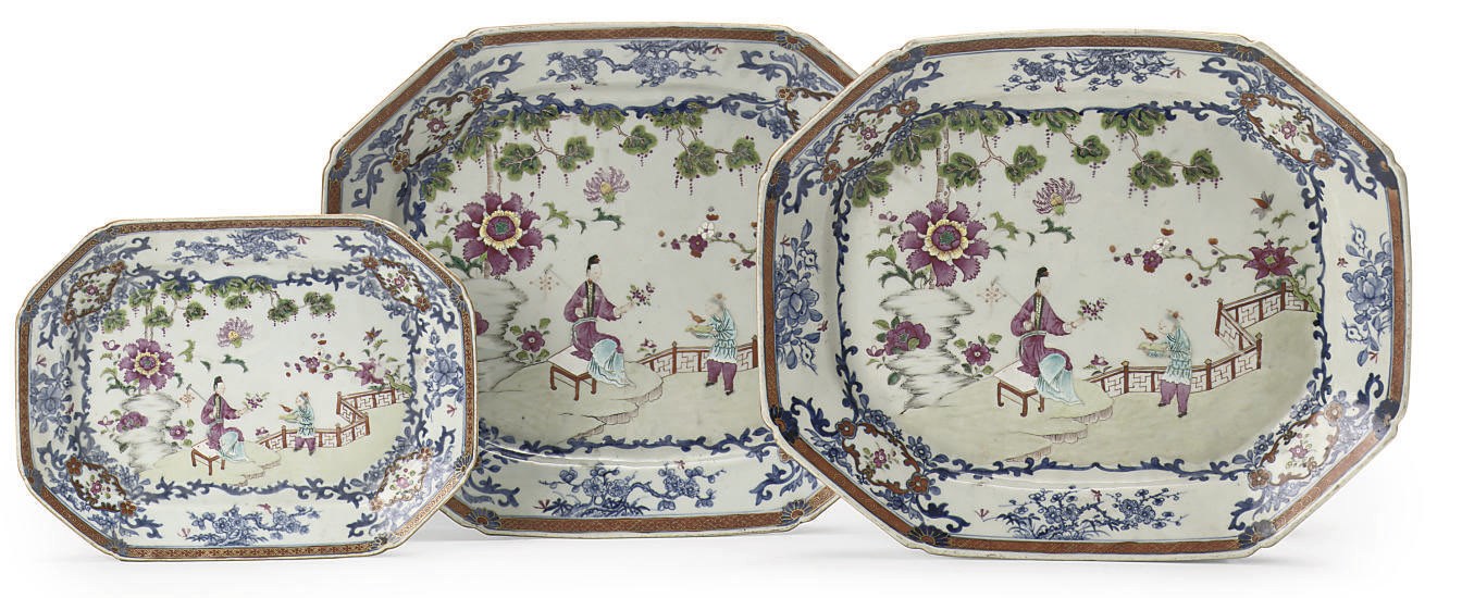 A set of three Chinese underglaze-blue and enamelled serving dishes