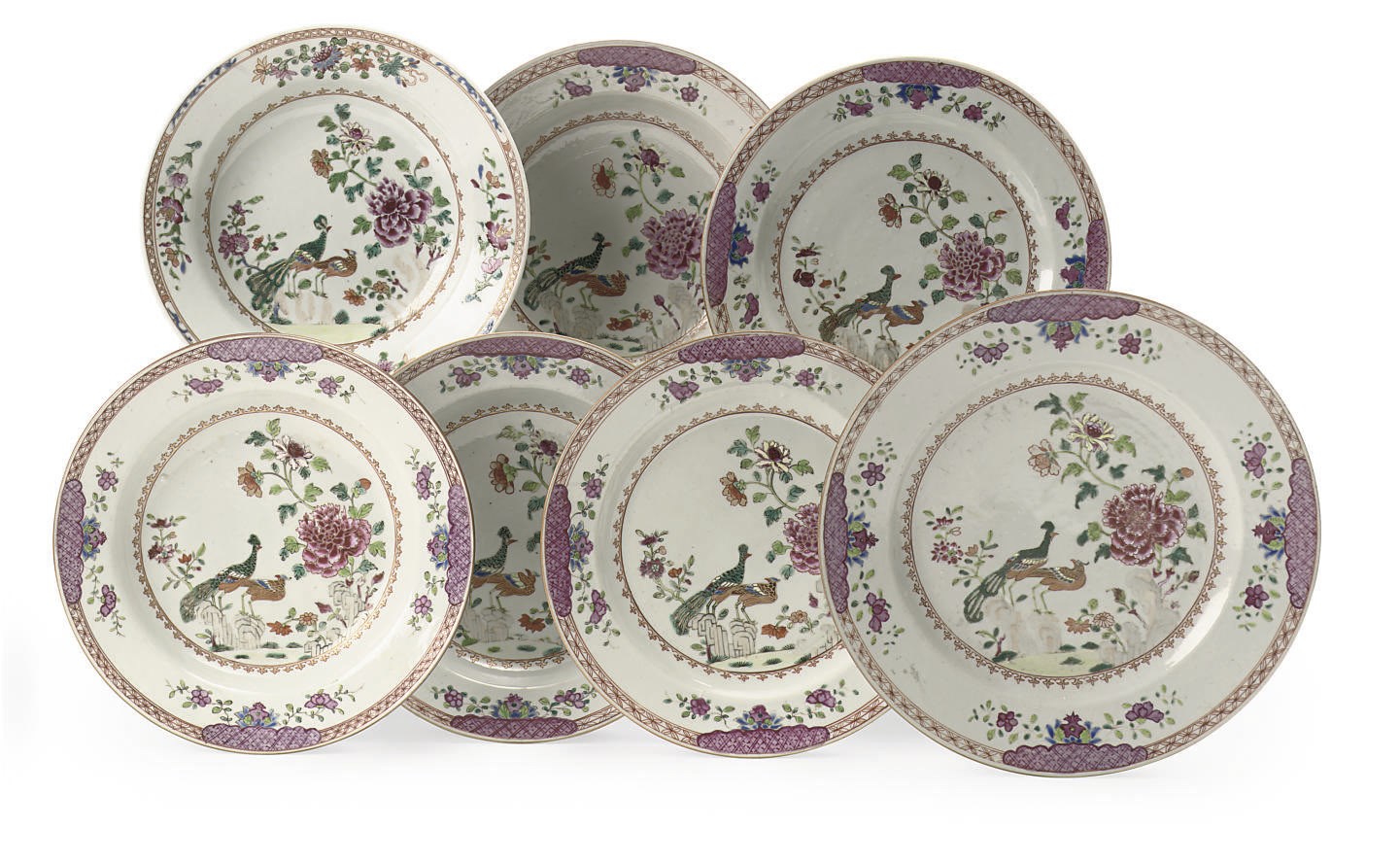 A set of six and one Chinese famille rose 'double peacock' plate