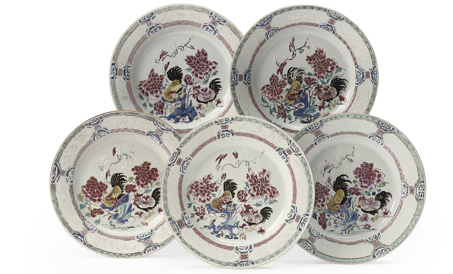 A set of five Chinese famille rose 'cockerel' plates