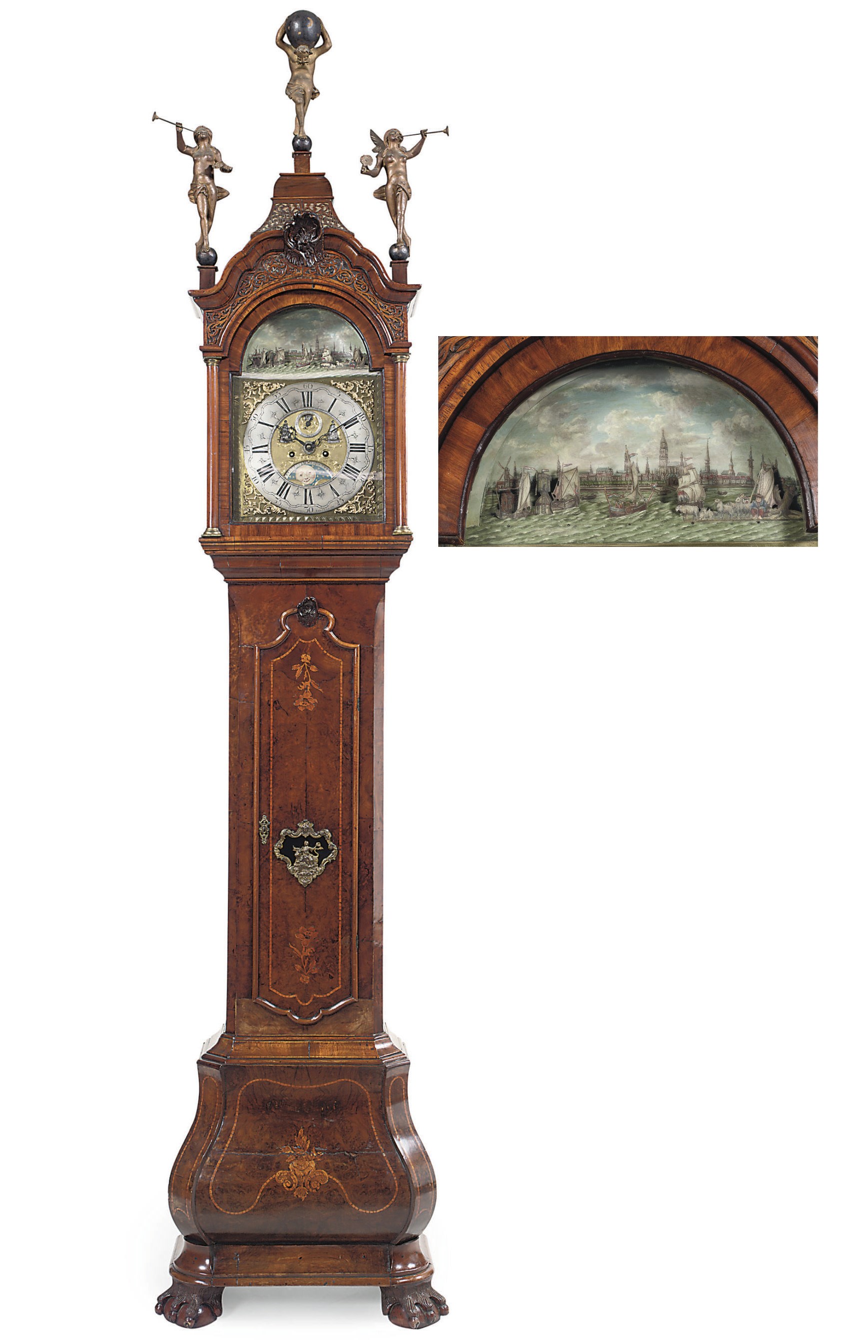 A DUTCH WALNUT AND BURR WALNUT STRIKING LONGCASE CLOCK WITH 'SCHEEPJESMECHANIEK' (AUTOMATON SHIPS)
