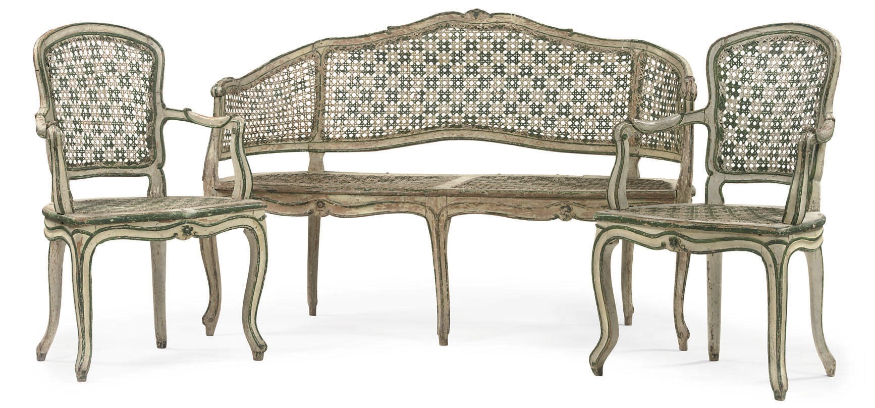 A SUITE OF AUSTRIAN GREEN AND WHITE PAINTED SEAT FURNITURE