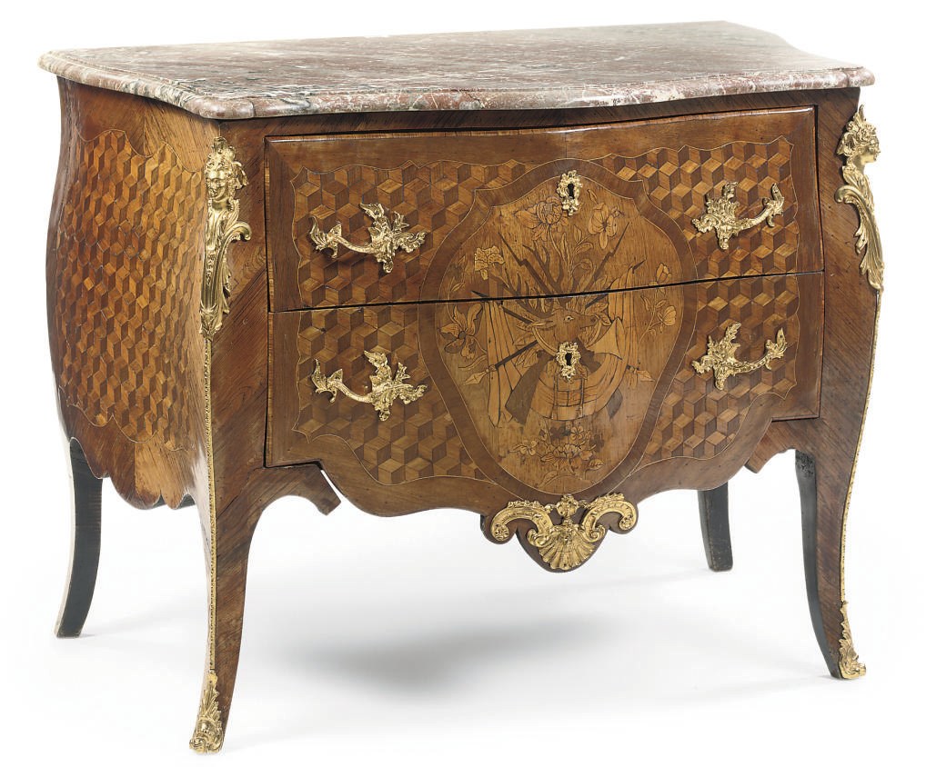 A FRENCH AMARANTH AND FRUITWOOD MARQUETRY COMMODE