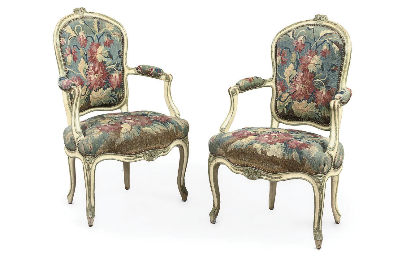 A PAIR OF LOUIS XV WHITE AND GREEN-PAINTED FAUTEUILS