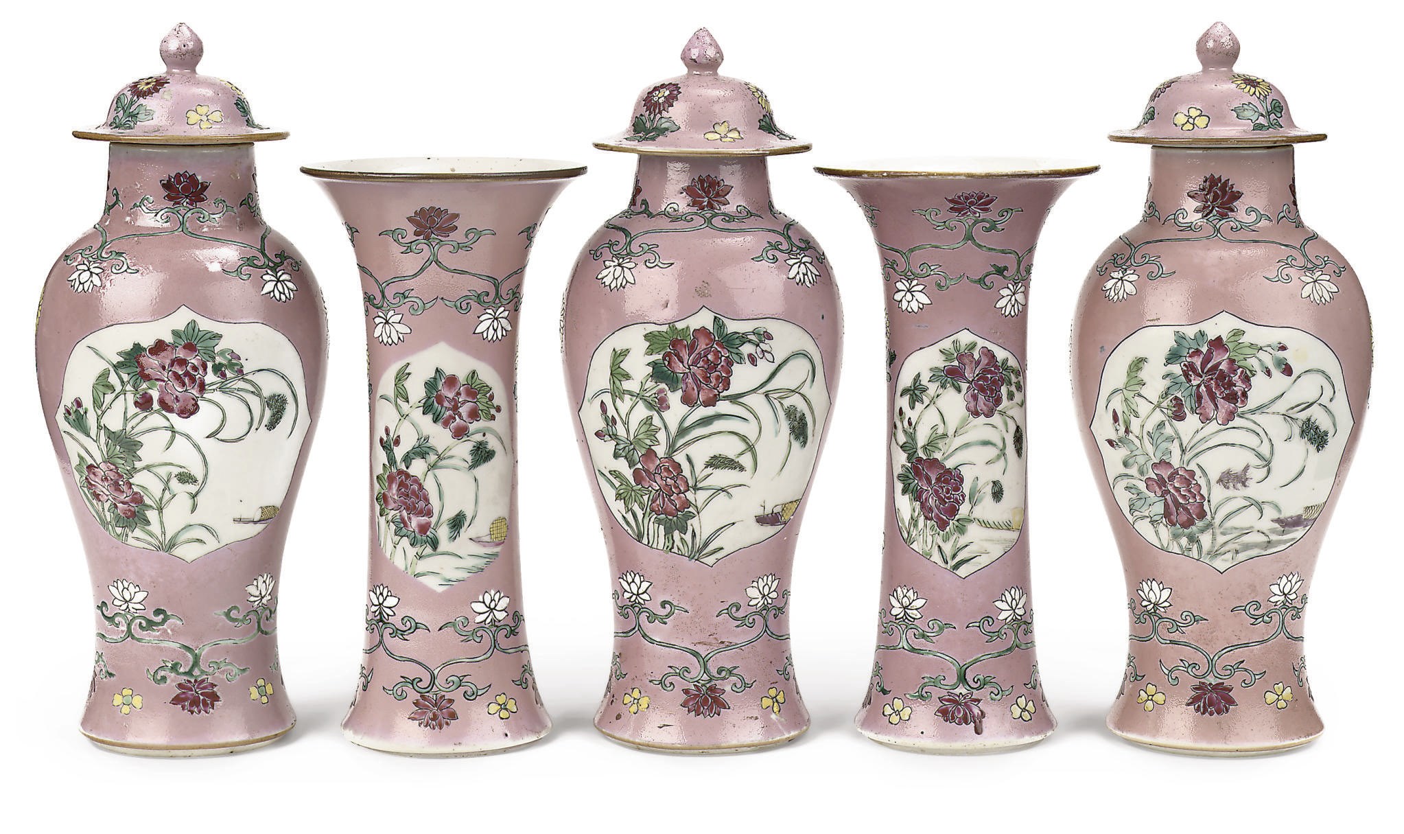 A Chinese famille rose pink ground five-piece garniture
