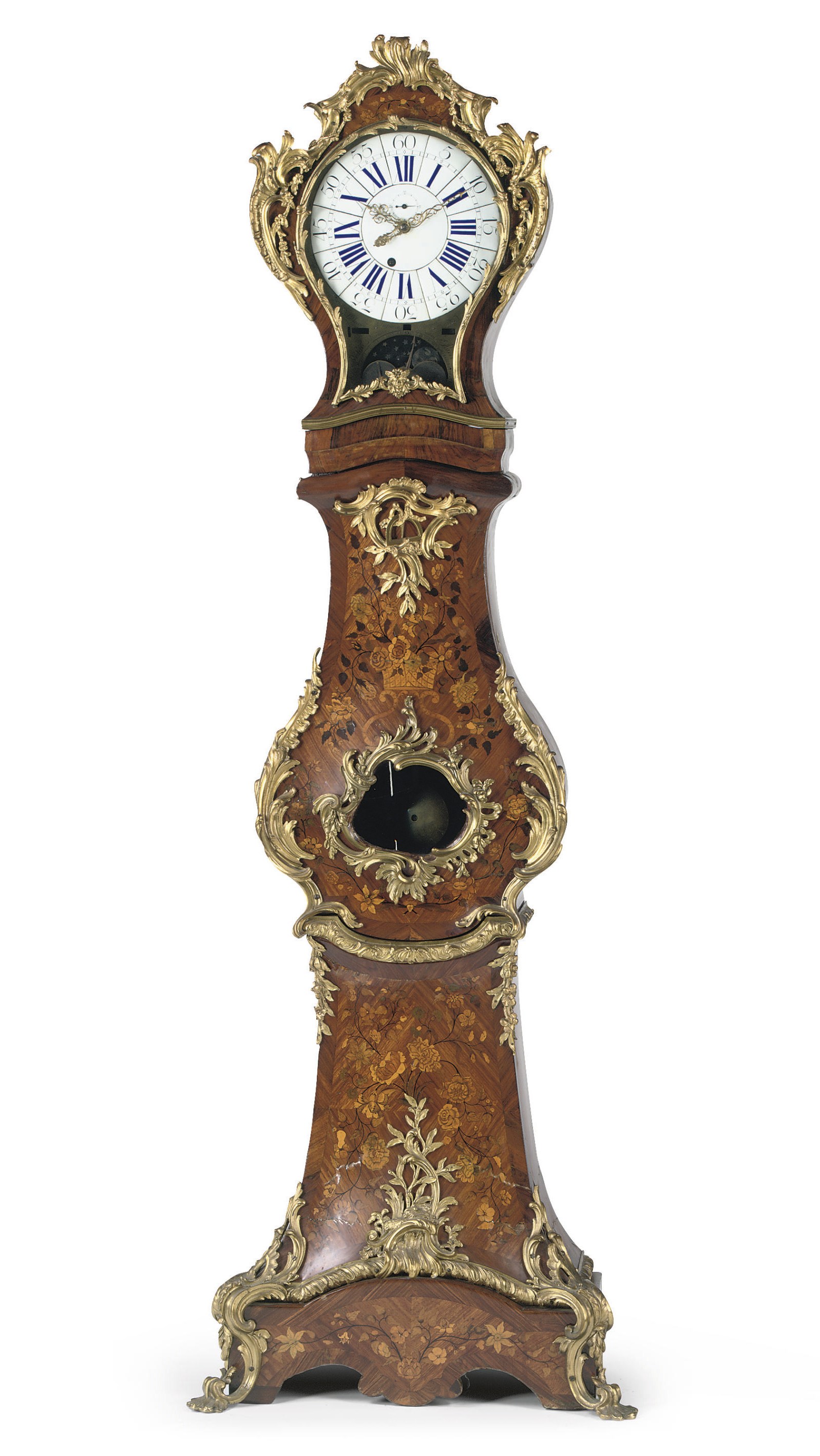 A LOUIS XV ORMOLU-MOUNTED ROSEWOOD, TULIPWOOD AND FRUITWOOD MARQUETRY LONGCASE CLOCK 'REGULATEUR DU PARQUET' WITH CALENDAR AND MOONPHASE