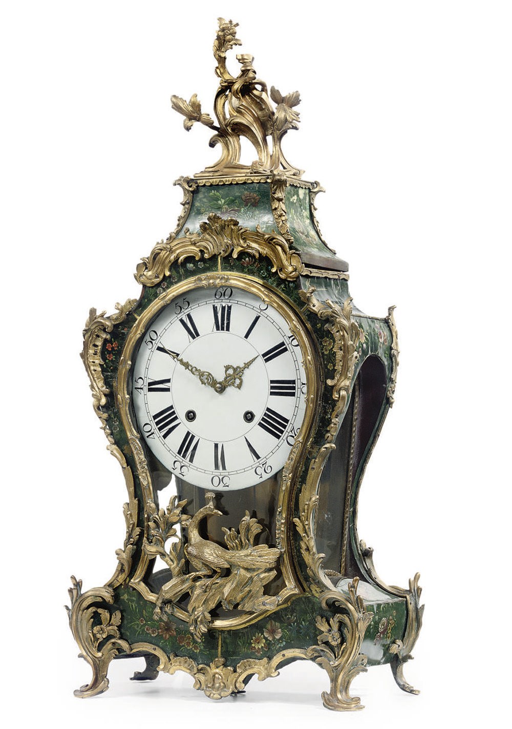 A SWISS LOUIS XV ORMOLU-MOUNTED CORNE VERTE AND VERNIS MARTIN BRACKET CLOCK WITH GRANDE SONNERIE AND PULL REPEAT