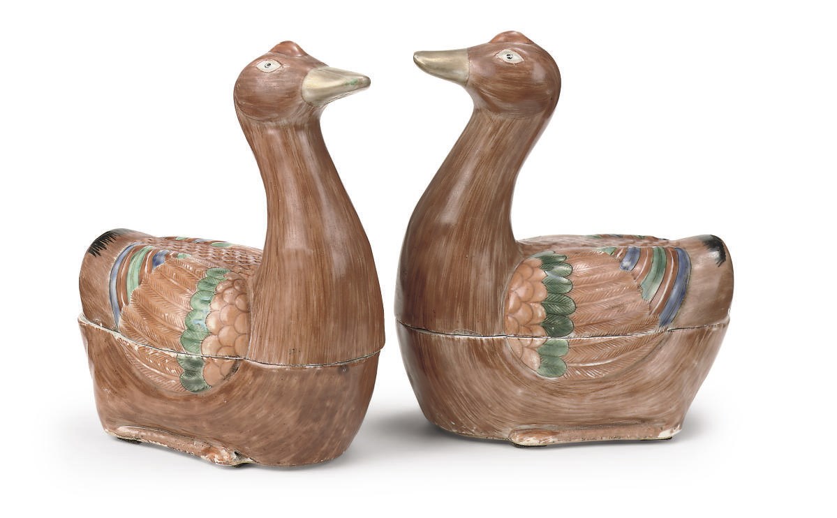 A pair of Chinese famille rose duck tureens and covers