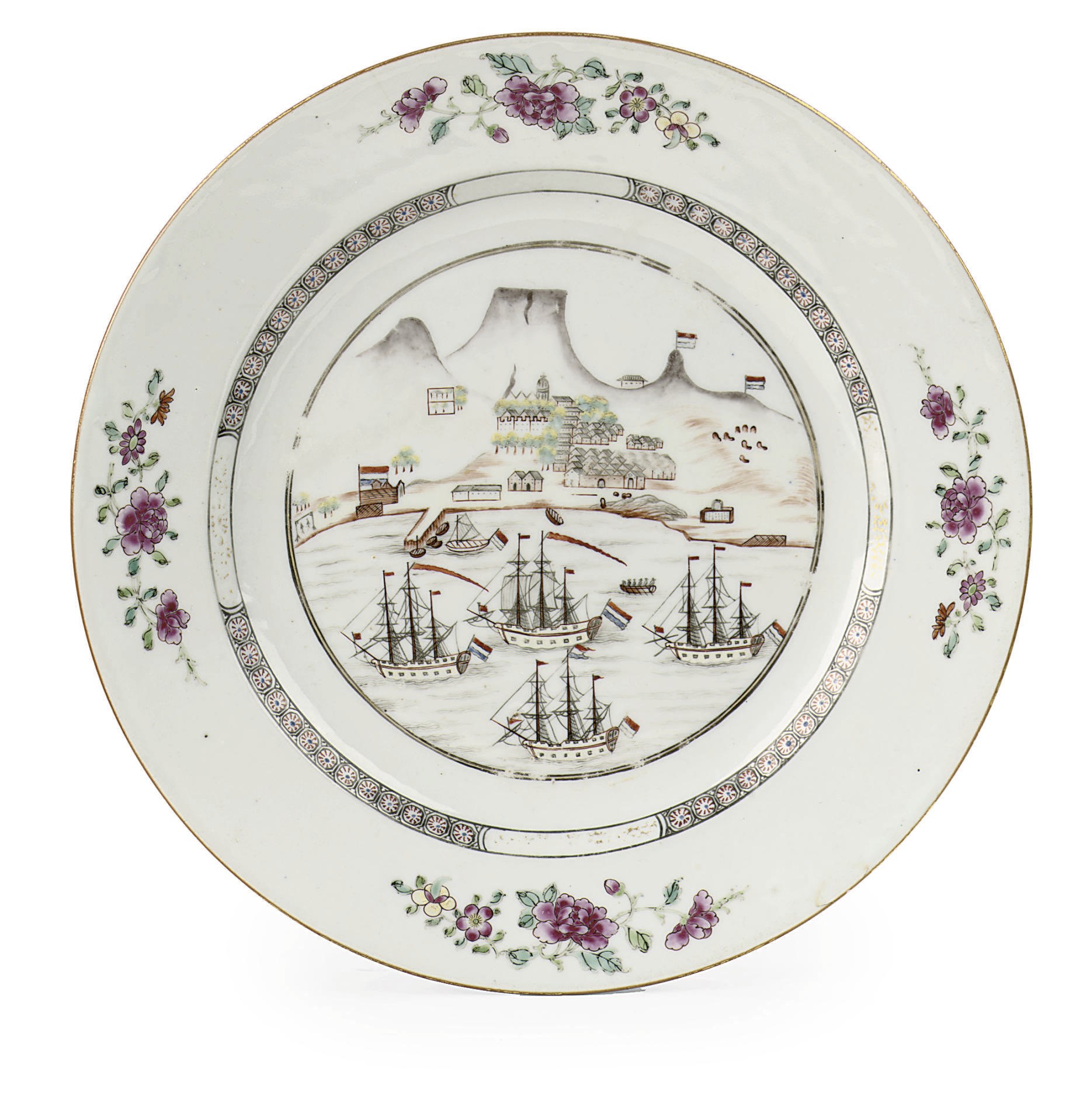 A Chinese Export famille rose 'Cape Town' plate