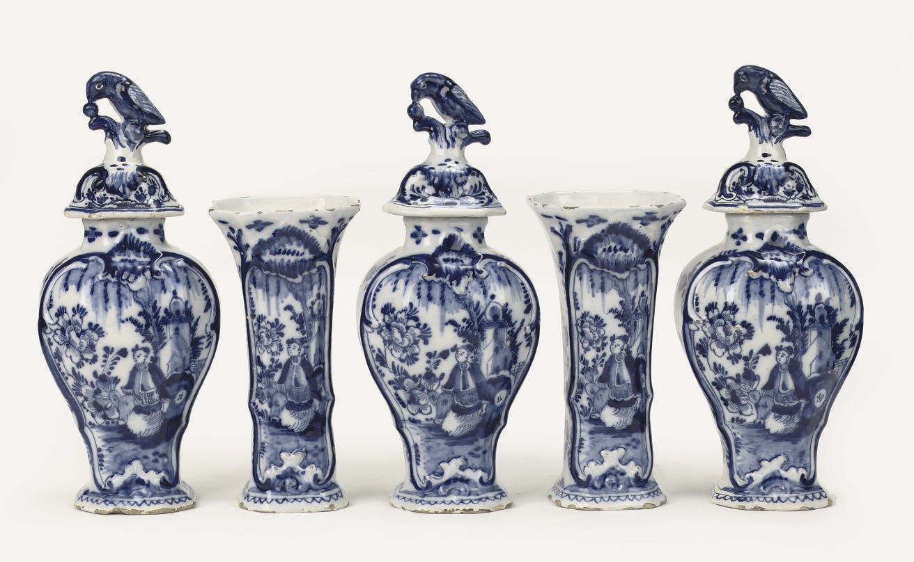 A Dutch Delft blue and white five-piece garniture