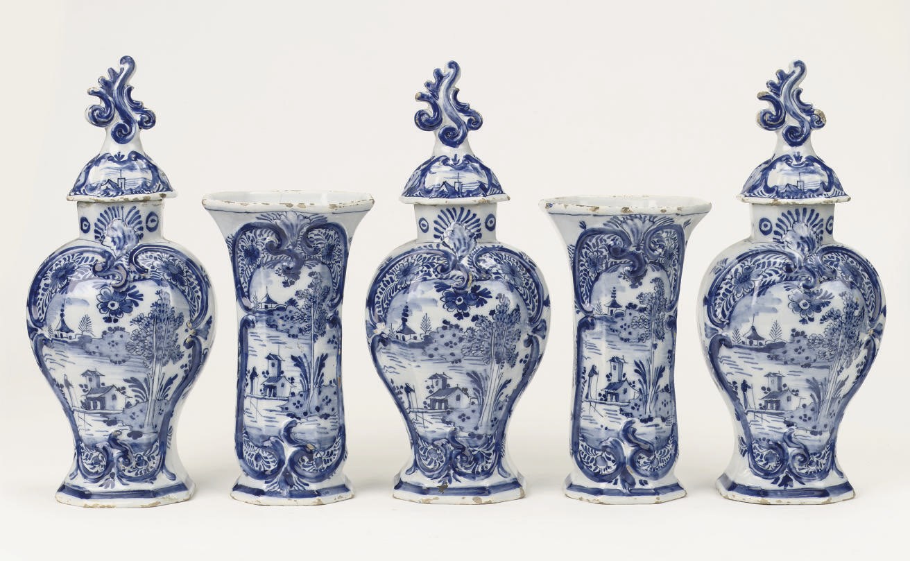 A Dutch Delft blue and white five-piece garniture
