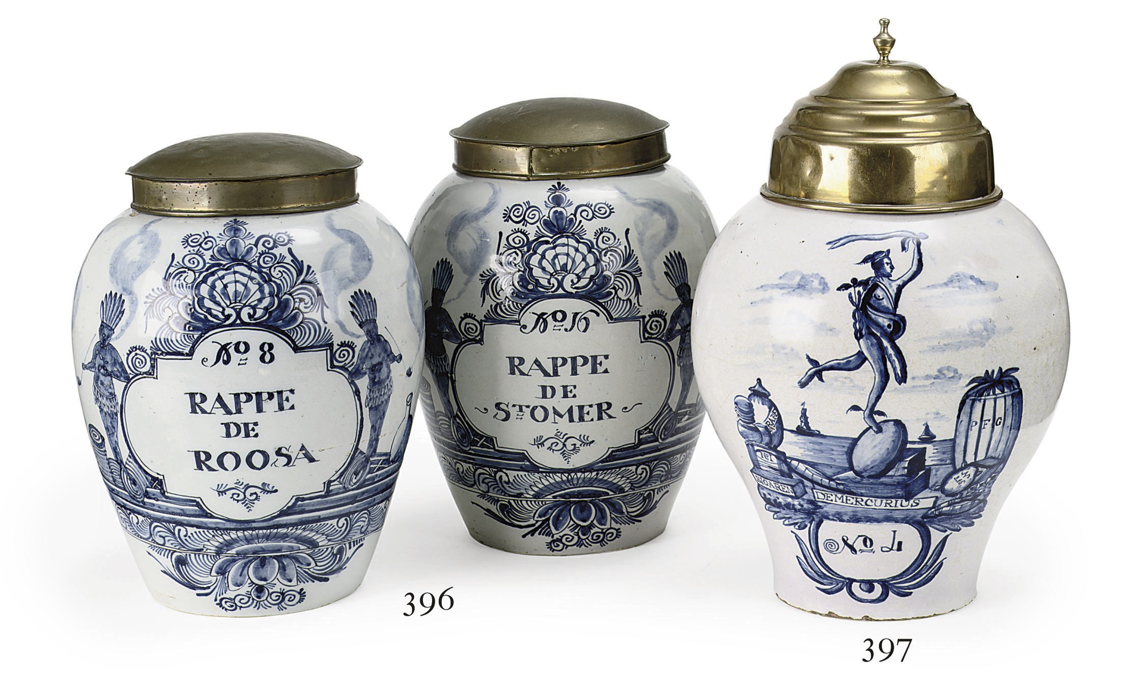 A pair of Dutch Delft blue and white tobacco jars and brass covers