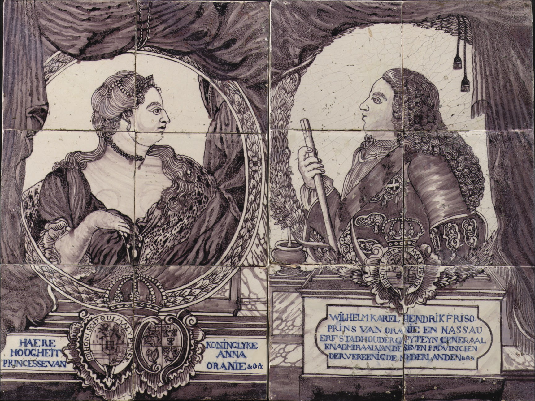 A pair of Dutch manganese rectangular 'orangist' tile pictures