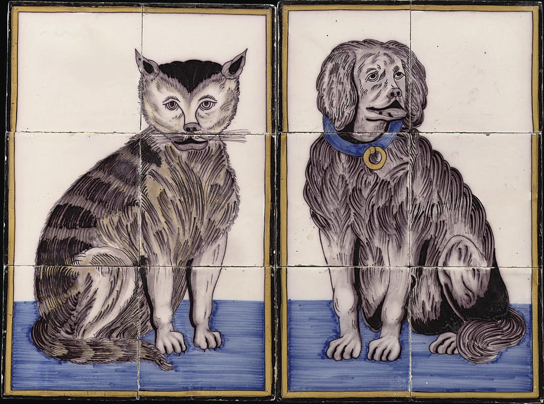 A pair of Dutch polychrome cat and dog tile pictures