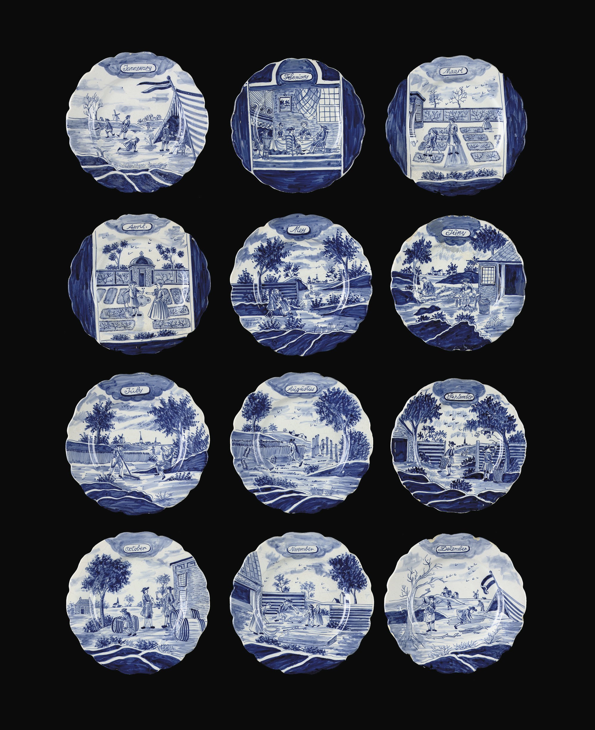A set of twelve Dutch Delft 'calendar' plates