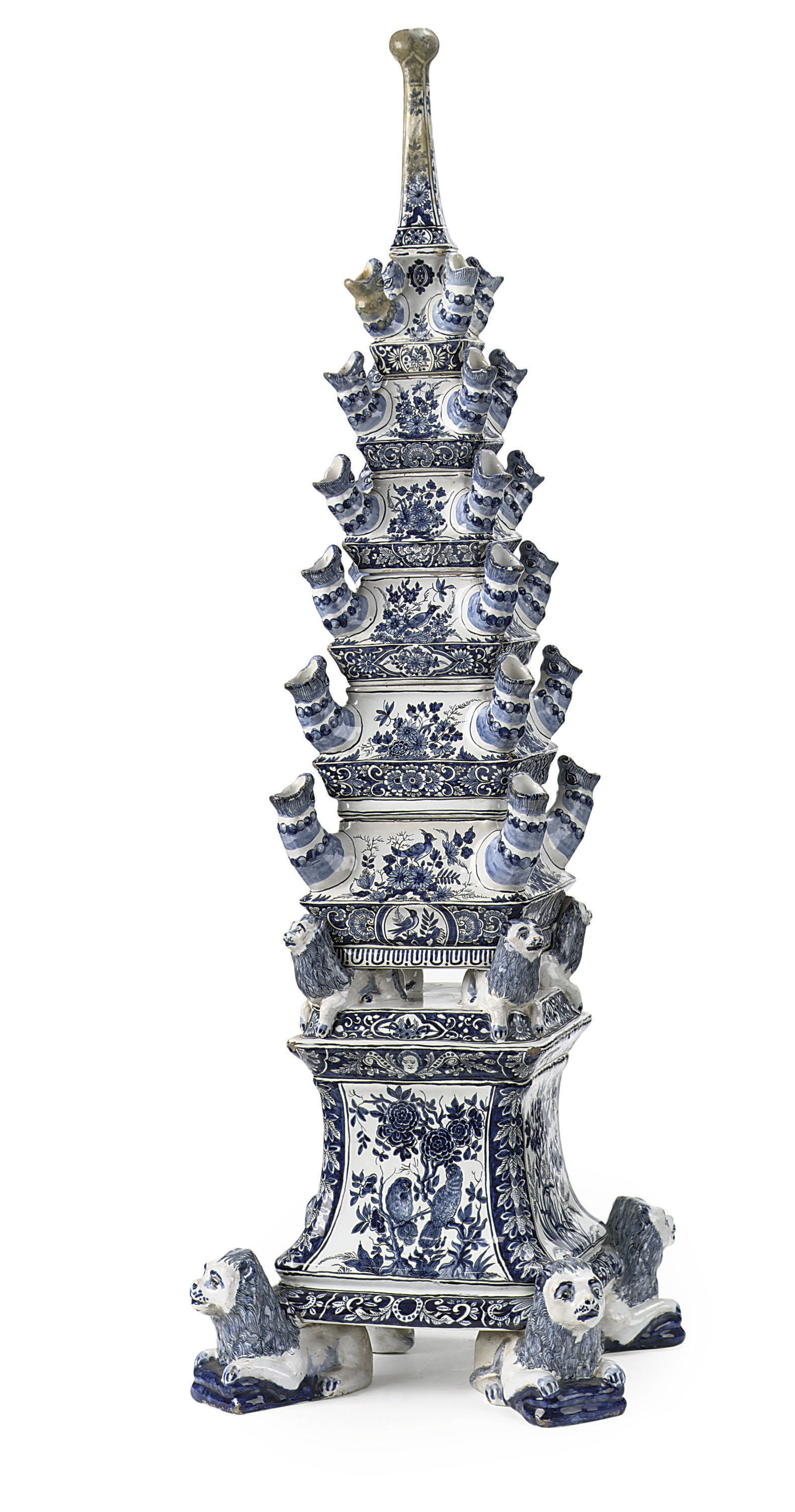 A Dutch Delft blue and white seven-tier pyramidal tulipiere