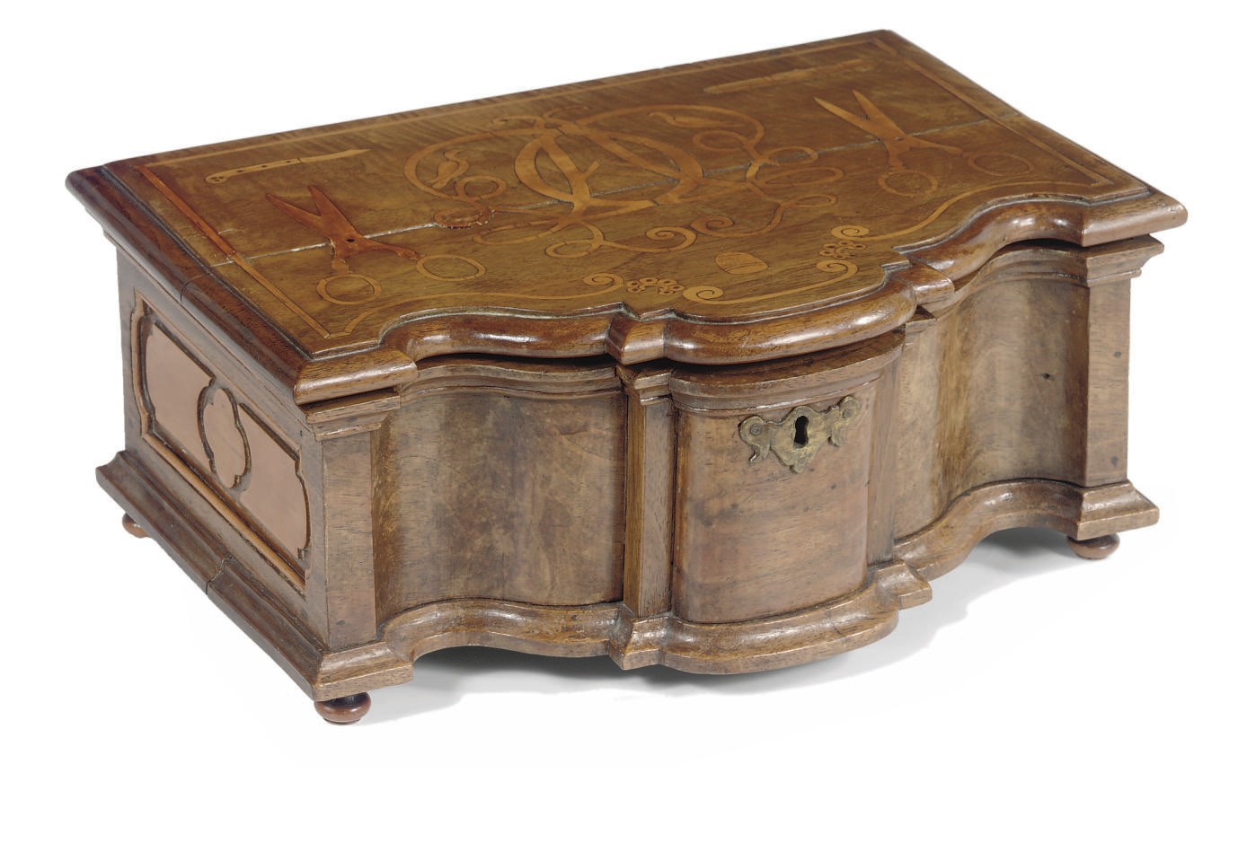 A GERMAN WALNUT AND FRUITWOOD MARQUETRY SEWING CASKET