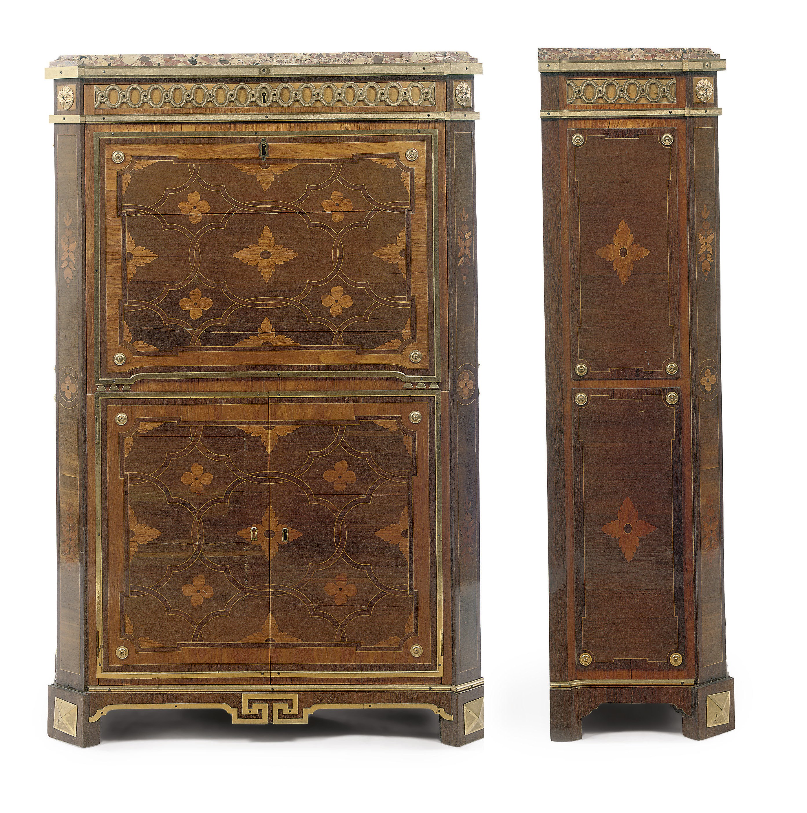 A LATE LOUIS XV ORMOLU-MOUNTED TULIPWOOD, AMARANTH, SYCAMORE MARQUETRY SECRETAIRE A ABATTANT