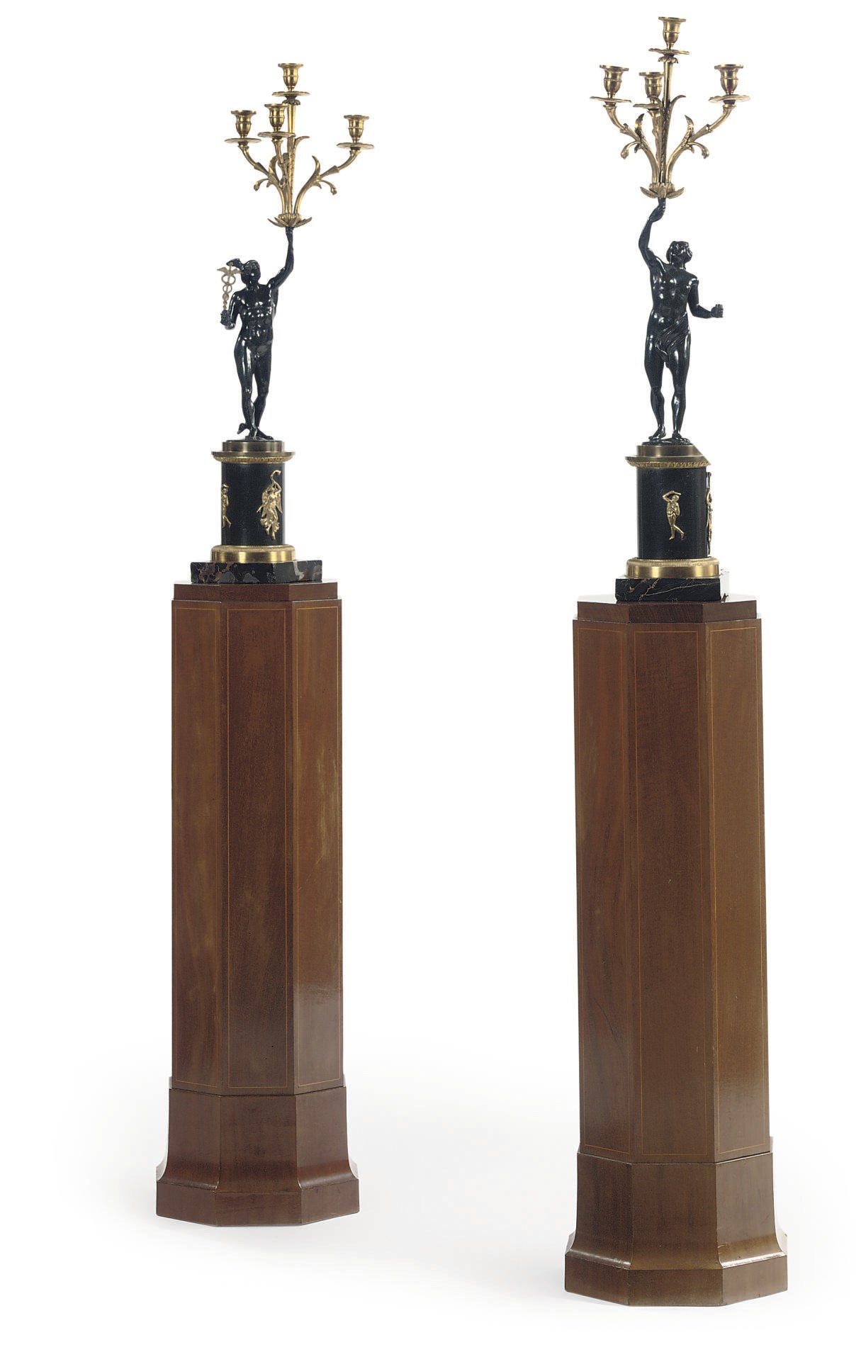 A PAIR OF FRENCH ORMOLU AND PATINATED BRONZE FOUR-LIGHT FIGURAL CANDELABRA