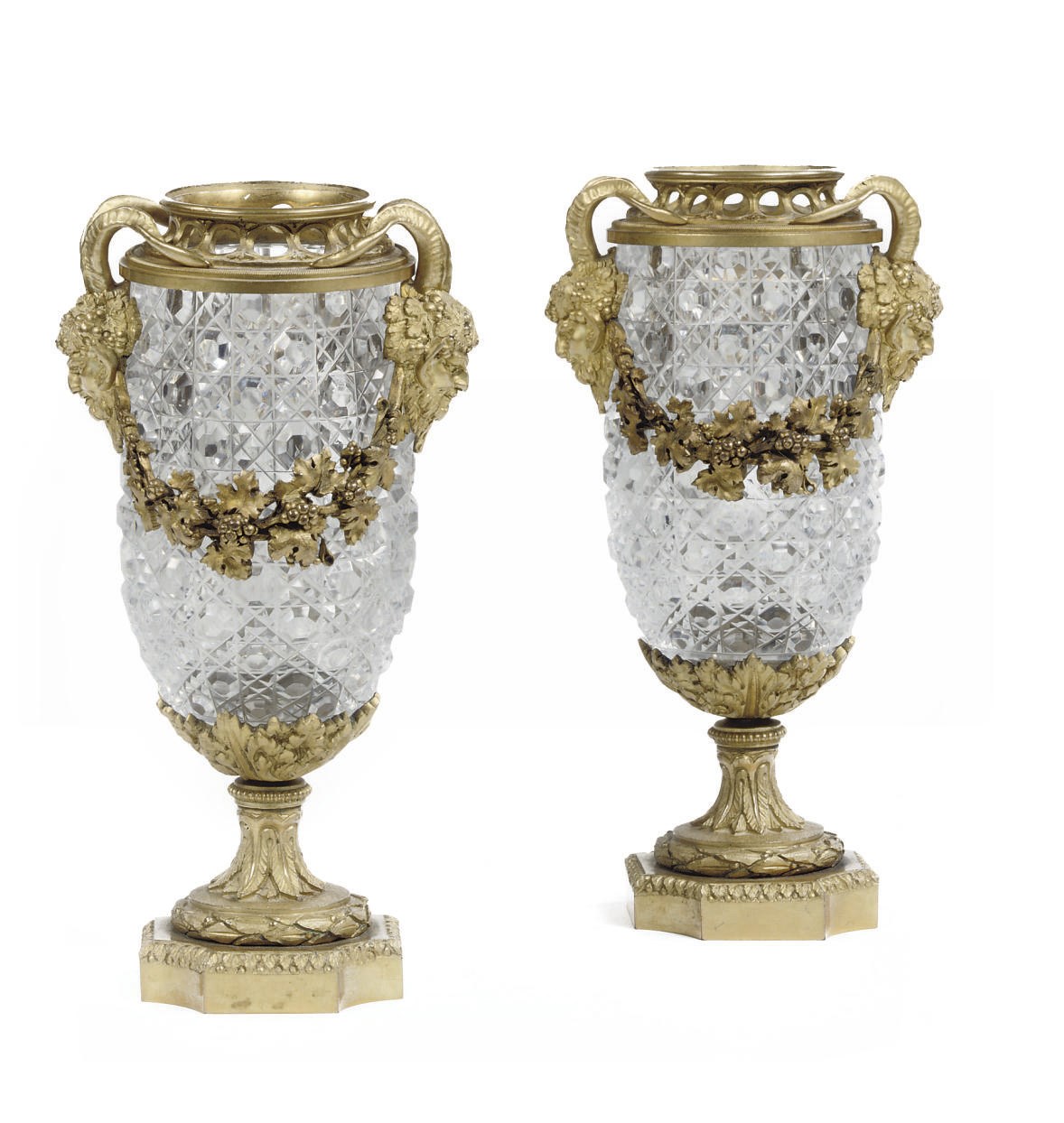 A PAIR OF FRENCH ORMOLU CUT-GLASS VASES
