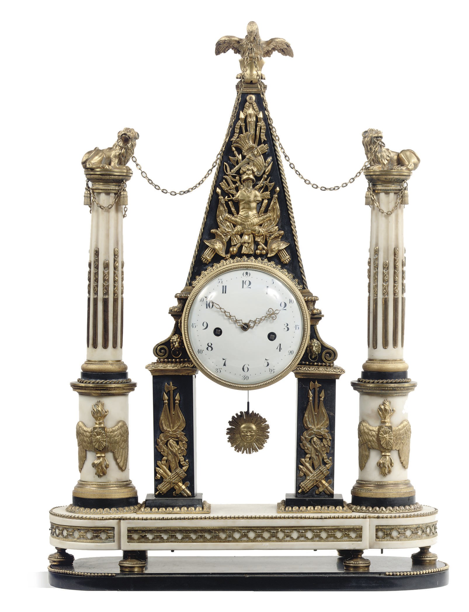 A LARGE LOUIS XVI ORMOLU-MOUNTED BLACK AND WHITE MARBLE STRIKING OBELISK PORTICO CLOCK