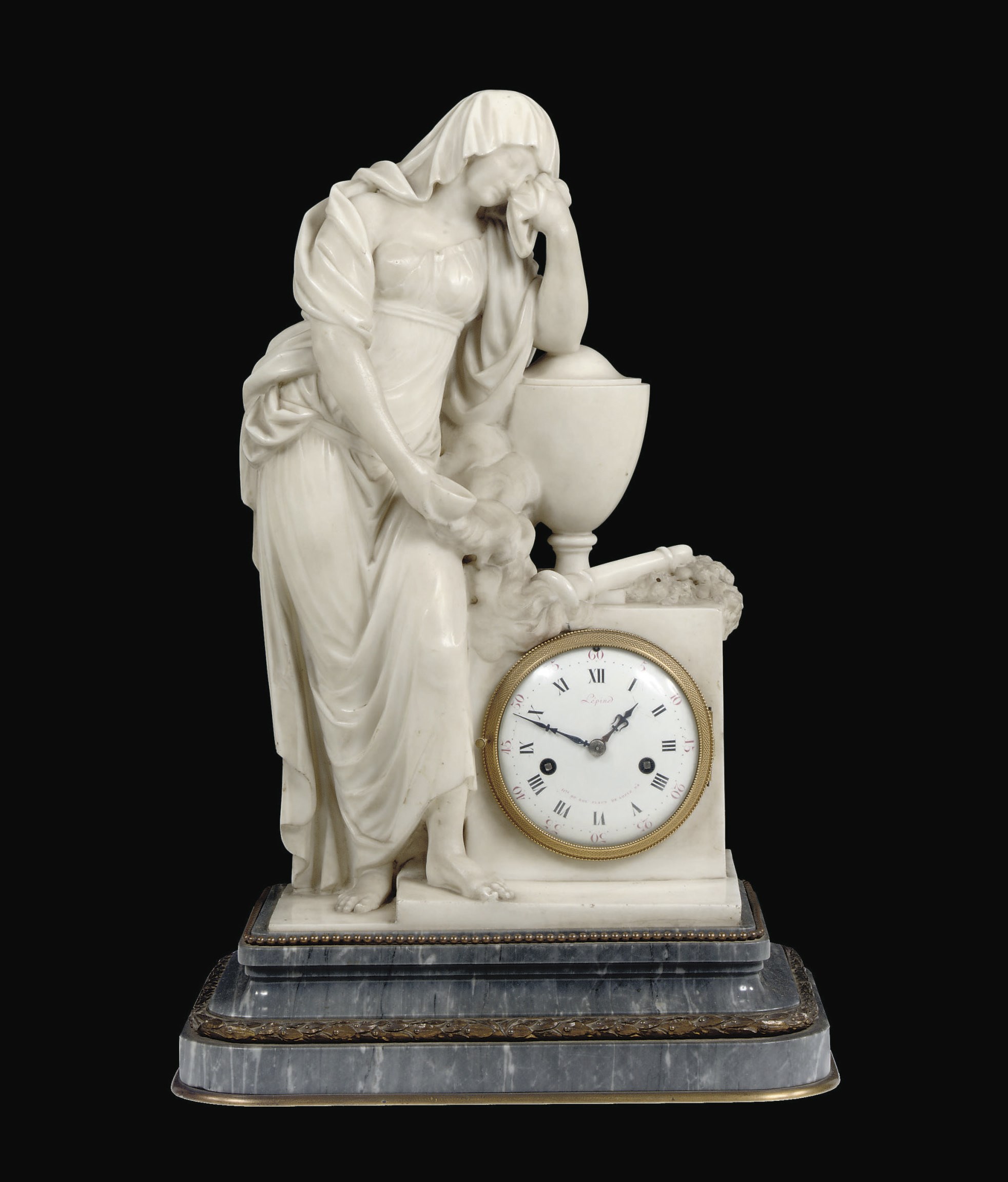 A LOUIS XVI ORMOLU-MOUNTED, WHITE AND BLEU TURQUIN MARBLE FIGURAL STRIKING MANTEL CLOCK 'L'AMOUR PERDU'