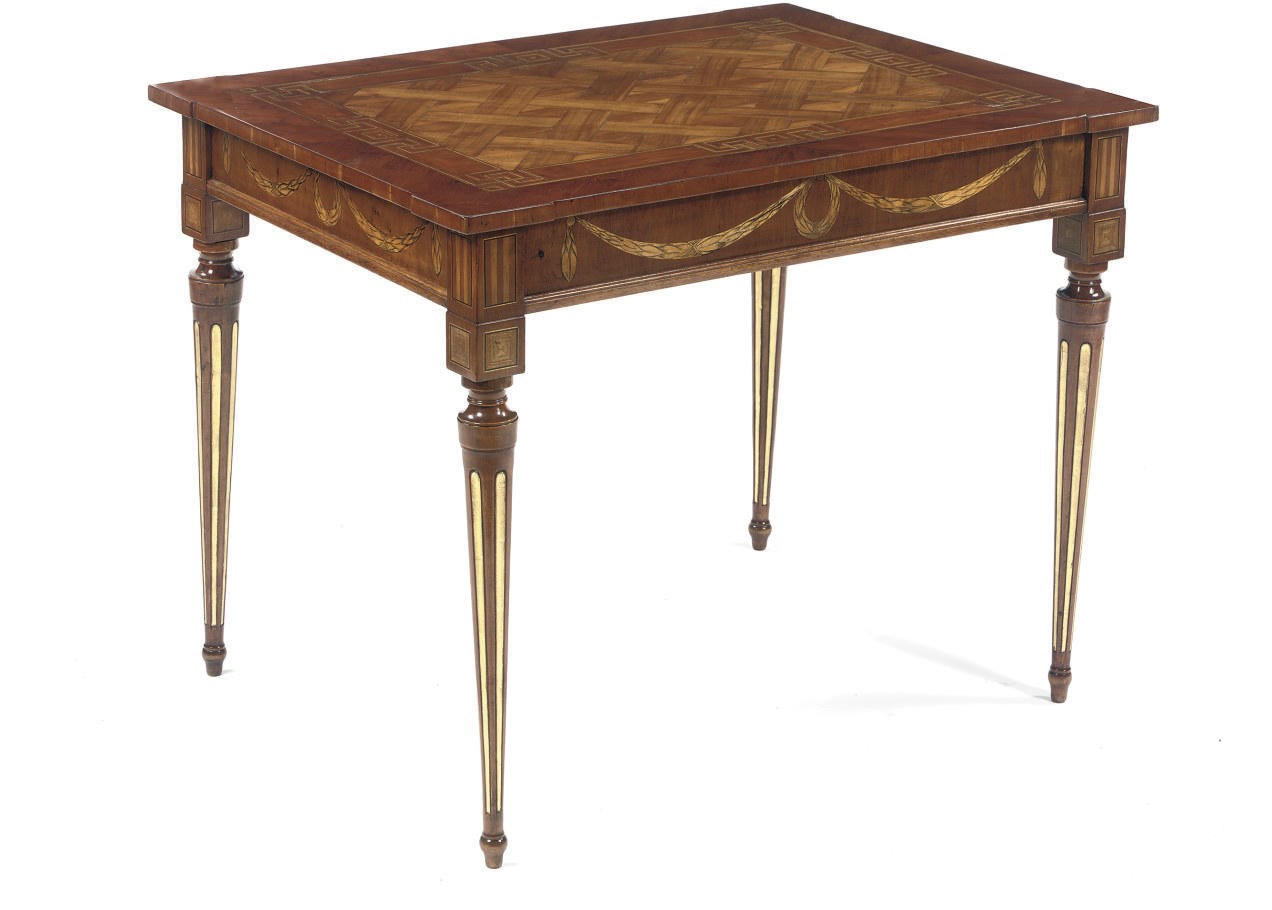 AN AUSTRIAN PARCEL-GILT SATINWOOD AND CHERRYWOOD PARQUETRY AND MARQUETRY CENTRE TABLE