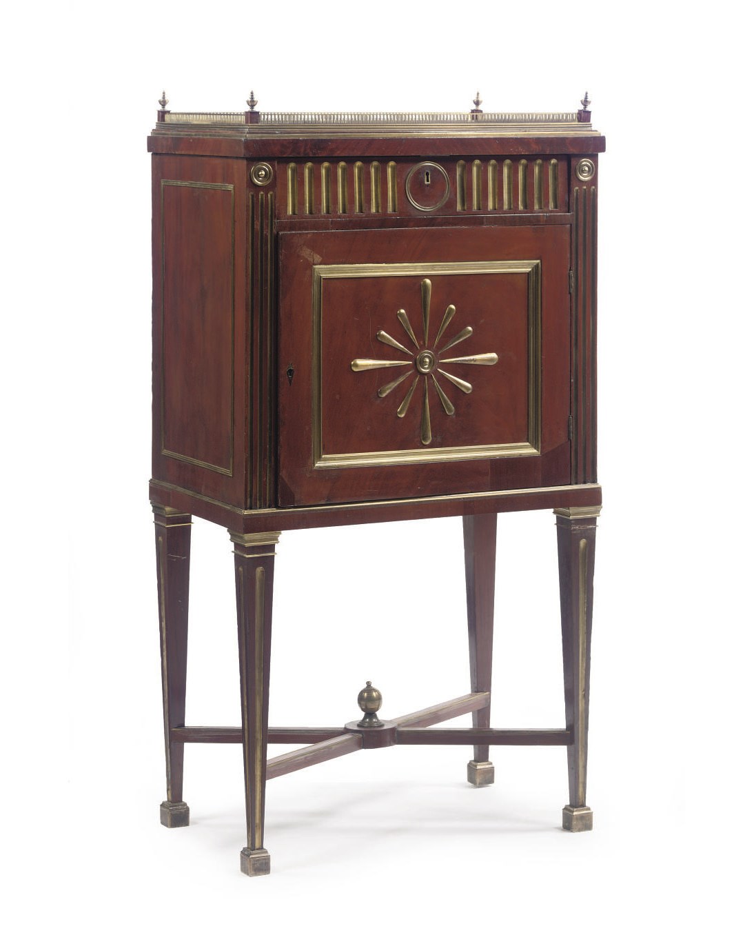 A RUSSIAN BRASS-LINED MAHOGANY CUPBOARD ON STAND