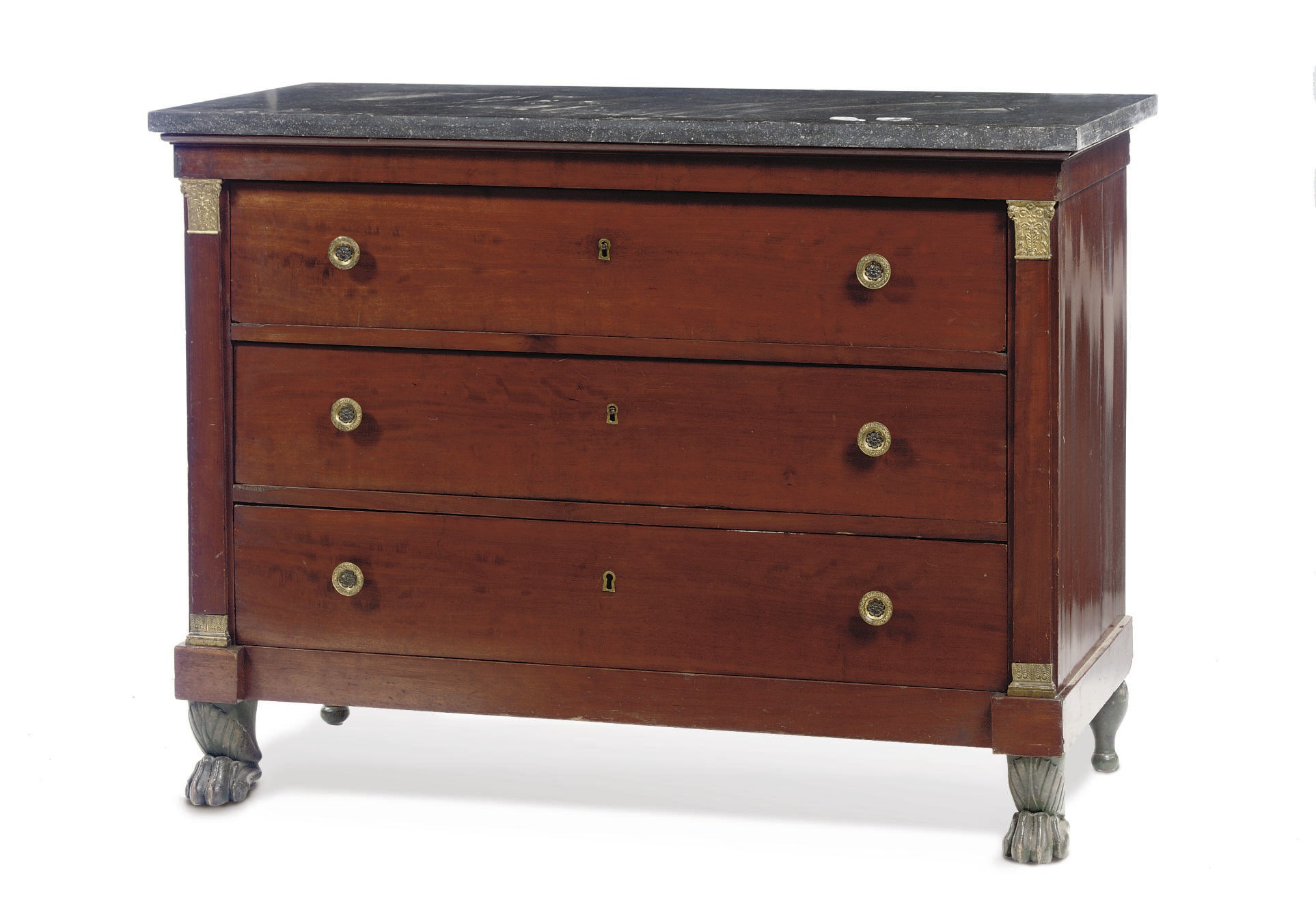 AN EMPIRE ORMOLU-MOUNTED MAHOGANY AND GREEN-PAINTED COMMODE