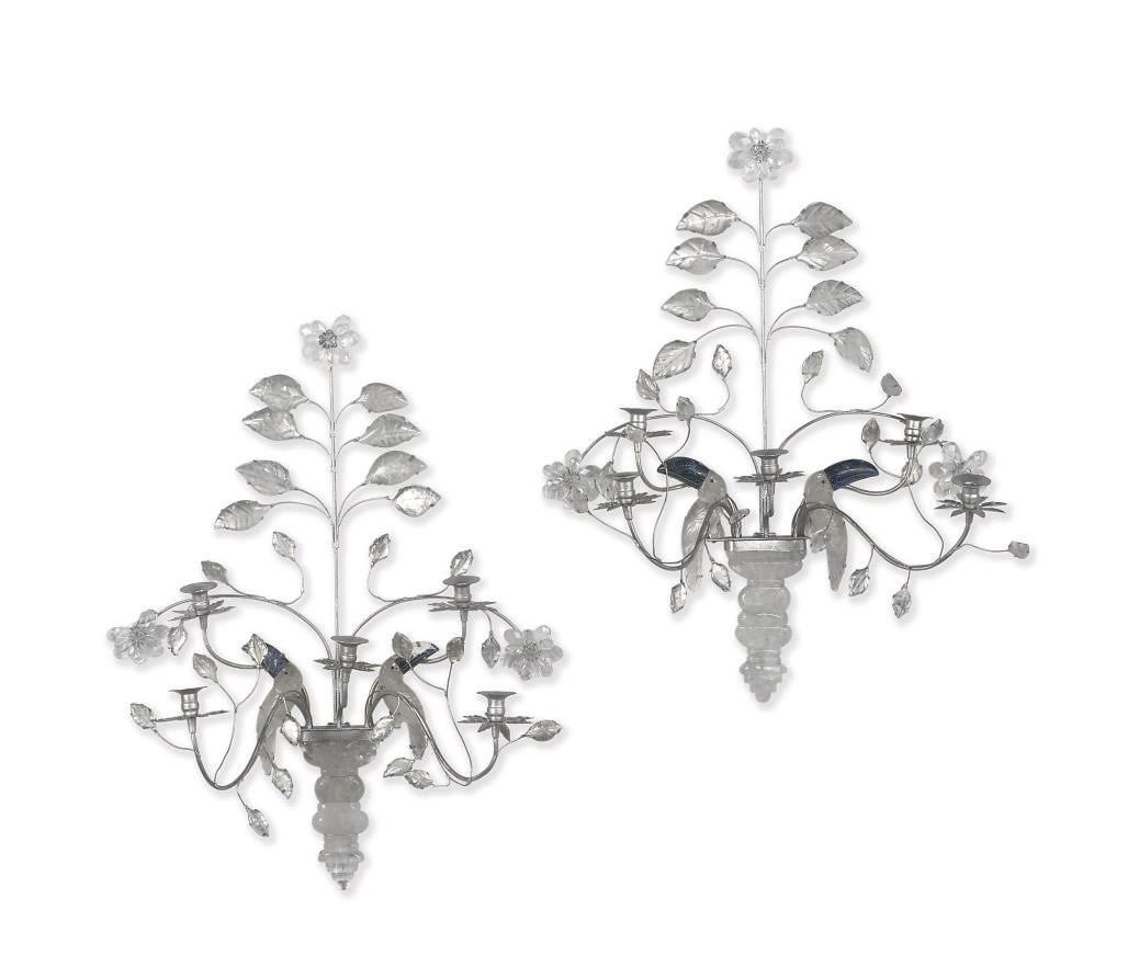 A PAIR OF FRENCH SILVERED ROCK-CRYSTAL AND CUT-GLASS FIVE-LIGHT APPLIQUES