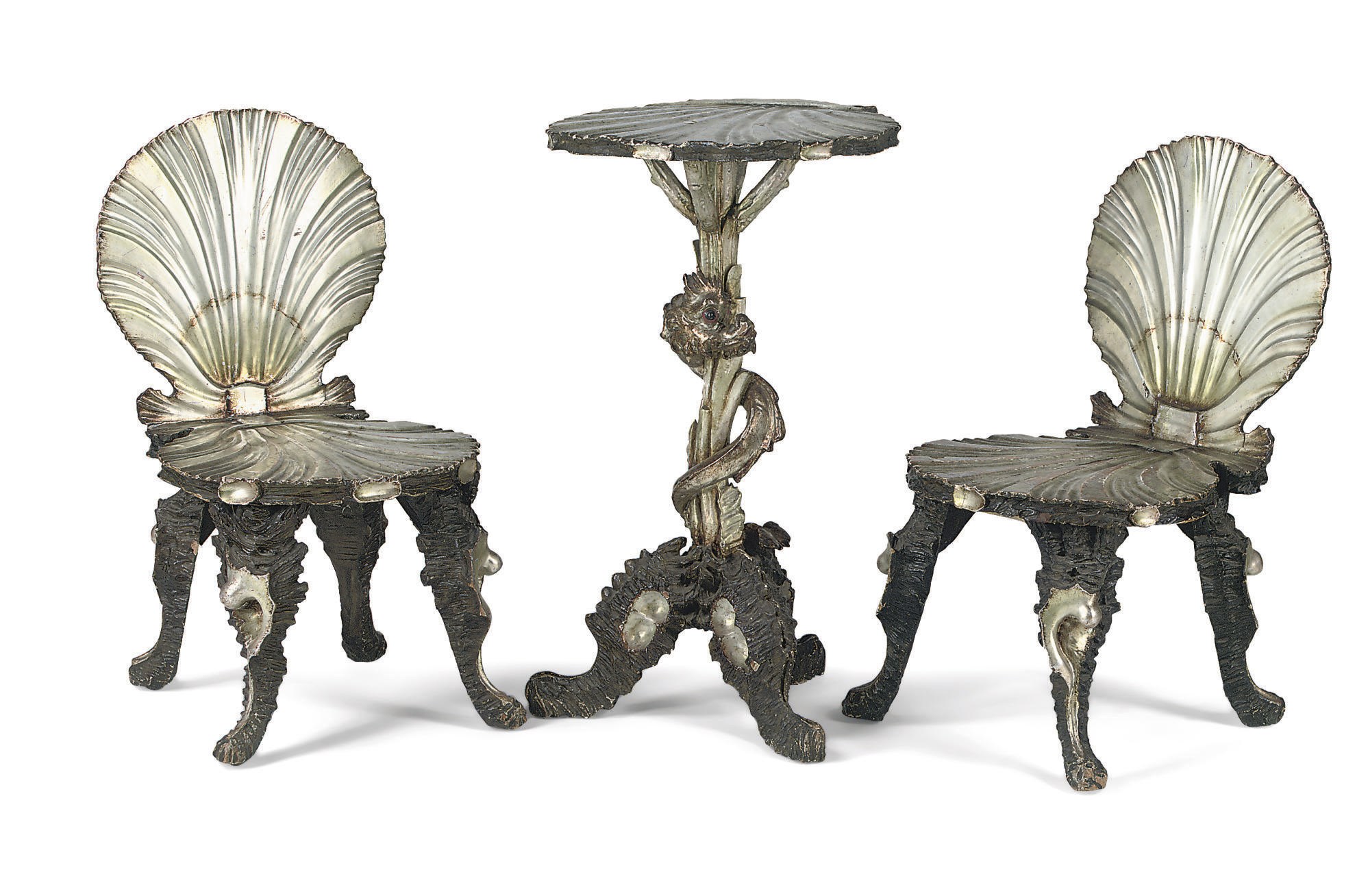 A NORTH ITALIAN PARCEL-SILVERED AND POLYCHROME-PAINTED SUITE OF 'GROTTO' FURNITURE