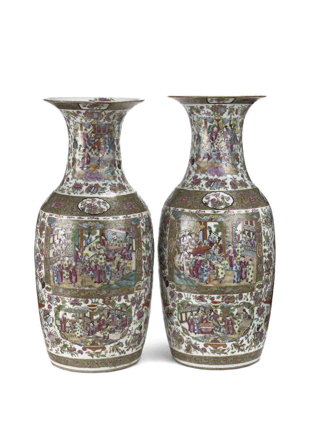 A large pair of Chinese Canton famille rose baluster vases