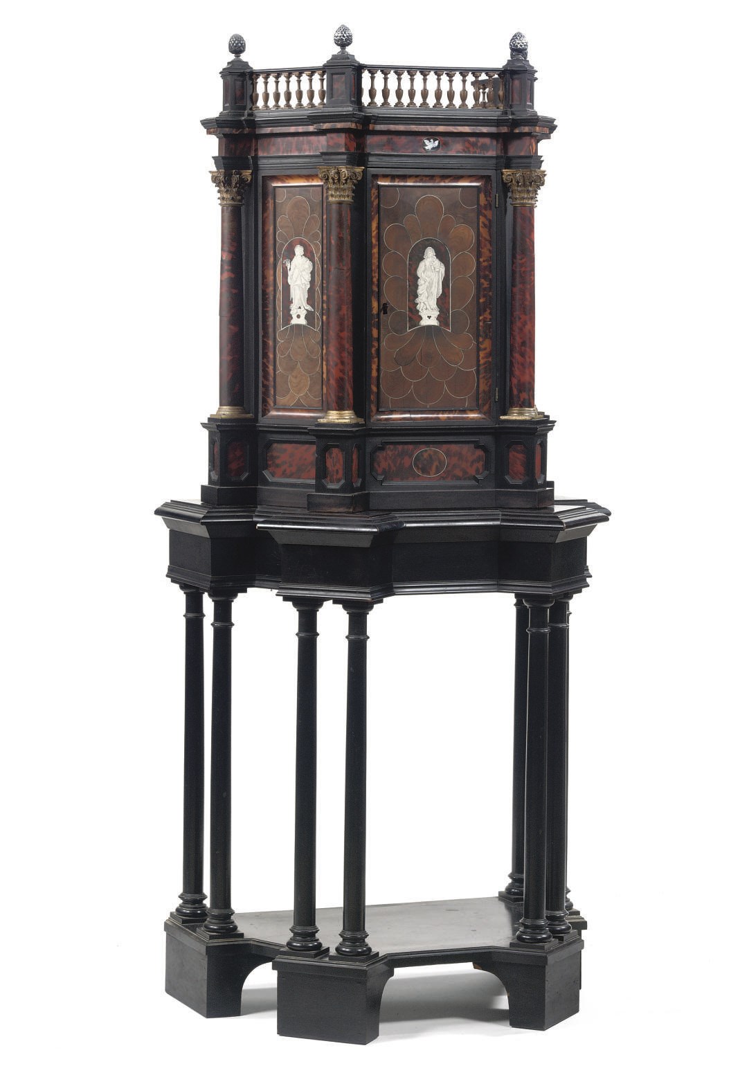 A FLEMISH TORTOISESHELL, EBONY, EBONIZED, BRASS- AND SILVER-INLAID, OLIVEWOOD AND KINGWOOD MARQUETRY AND OYSTER VENEERED RELIQUARY CABINET-ON-STAND