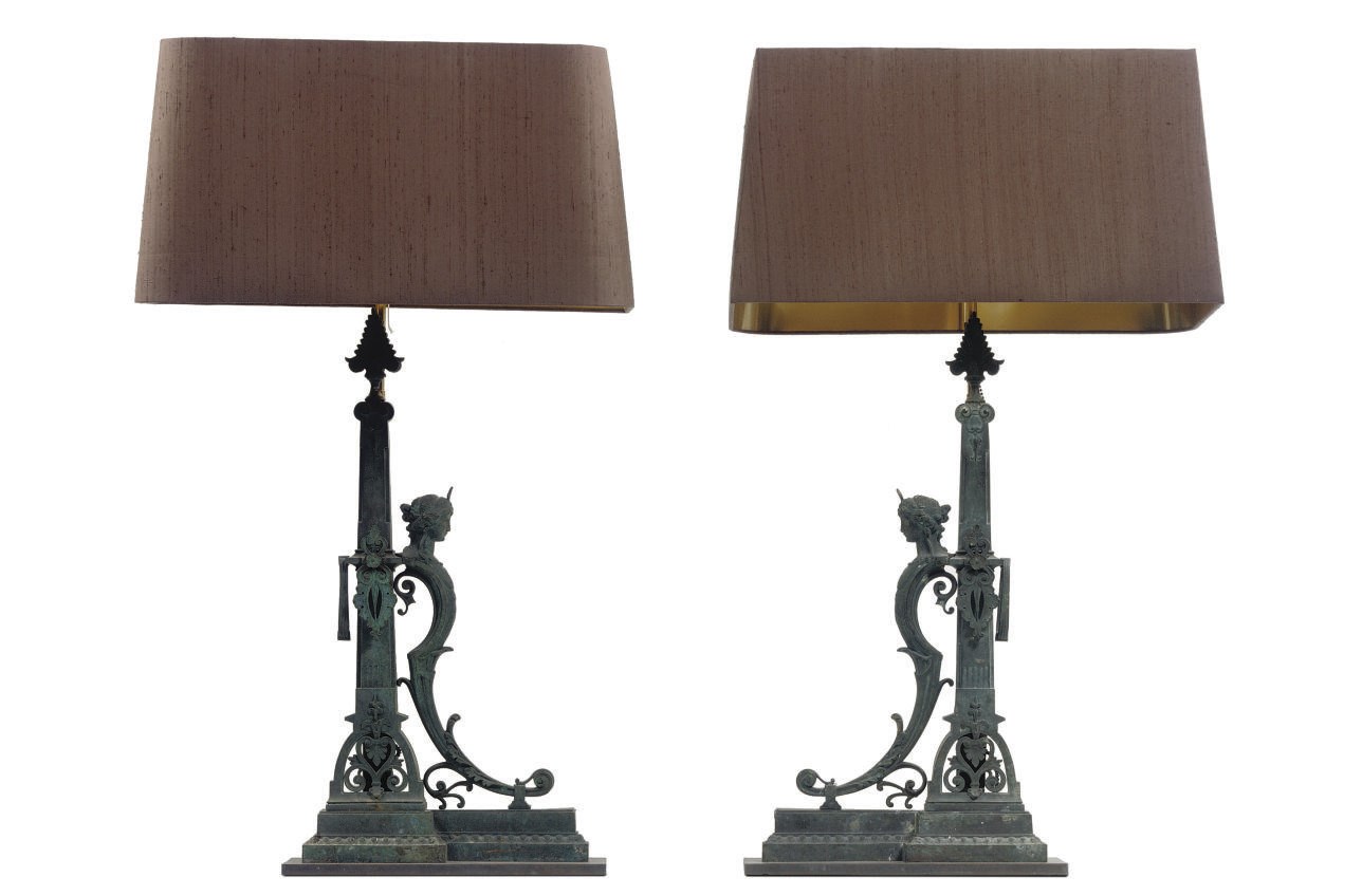 A PAIR OF NORTH EUROPEAN BRASS AND IRON TABLE LAMPS